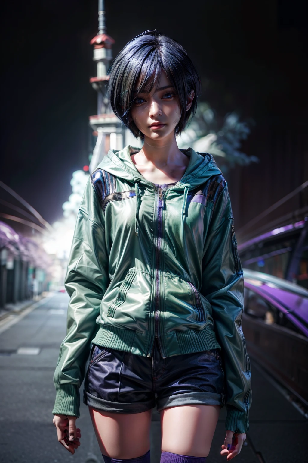 Touka Kirishima, Tokyo Ghoul, blue-violet eyes, blue-violet hair, beautiful and calm facial features, short hair covering the left side of her face, green hoodie, shorts, red thighhighs