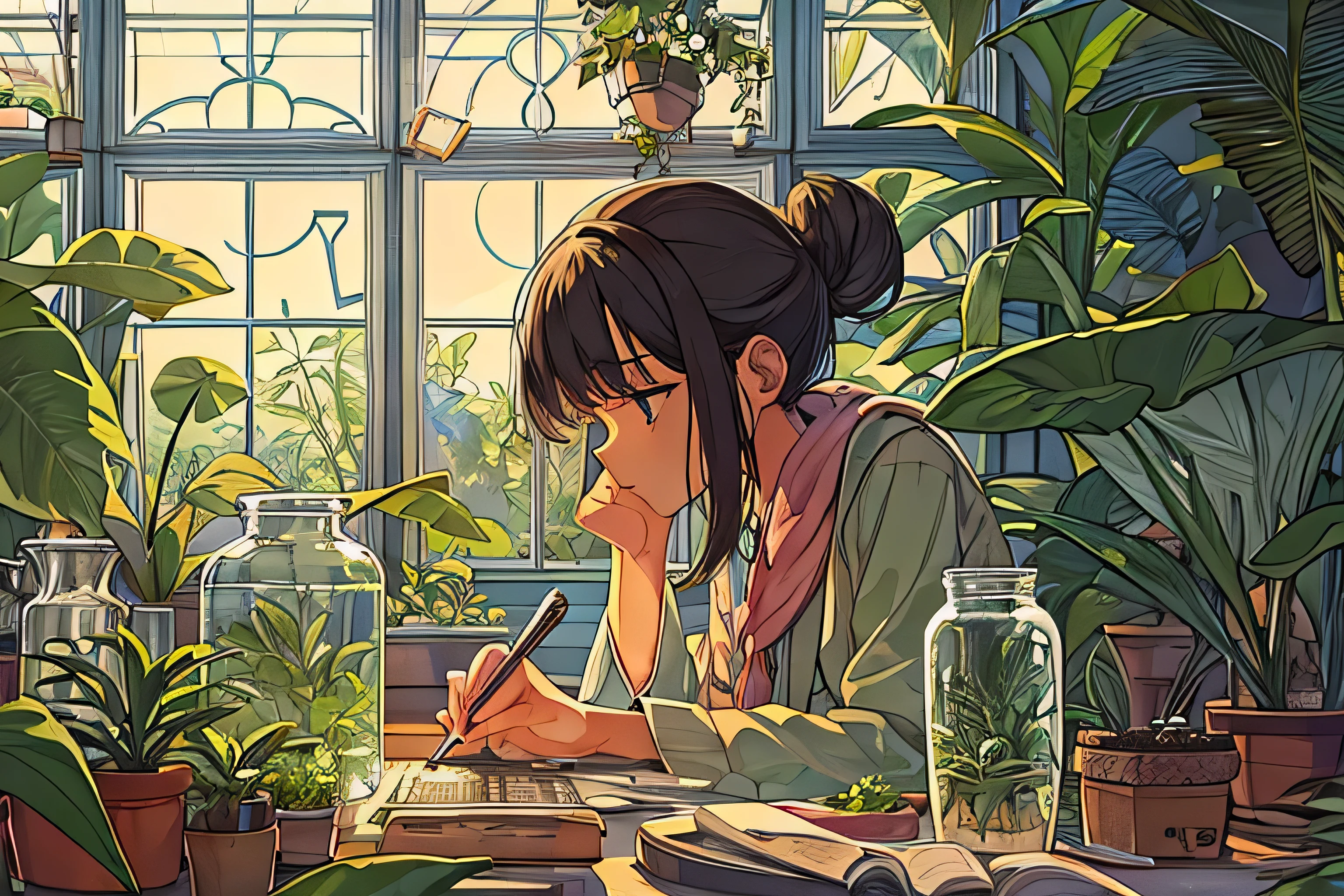 A serene Lofi-inspired scene with a female biology student studying ants in a lush greenhouse. She's sitting at a table with a magnifying glass, observing ants crawling on a plant sample. There are various jars with preserved insects and plants around her. Soft evening light filters in through the windows, and the ambiance is dreamy and calming.