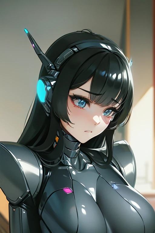 (masterpiece),(Highest quality),(Super detailed),(Best illustrations),(Best Shadow),(Absurd),(Detailed Background),(so beautiful), 16K, 8K, 4K,(Best Shadow),robotization,woman ,big bust,Robot Joint ,Metal skin,Black robot Suit,long hair,a black robot suit that covers the whole body,robot hand,cyber bodysuit,mecha head,(Detailed hands and fingers:1.2),Ball joint robot body,doll joint,beautiful face,beautiful robot girl,robotic eye,robotic hands,(no more human skin),android girl,cyborg girl,F cup, sexy body,(machine made joints:1.2),(machanical limbs:1.1),(blood vessels connected to tubes),(mechanical vertebra attaching to back),(mechanical cervial attaching to neck),F cup,no messy picture style,brainwashing,empty eyes, ((No expression,erasure of emotions)),Ichinose Asuna(Blue archive)