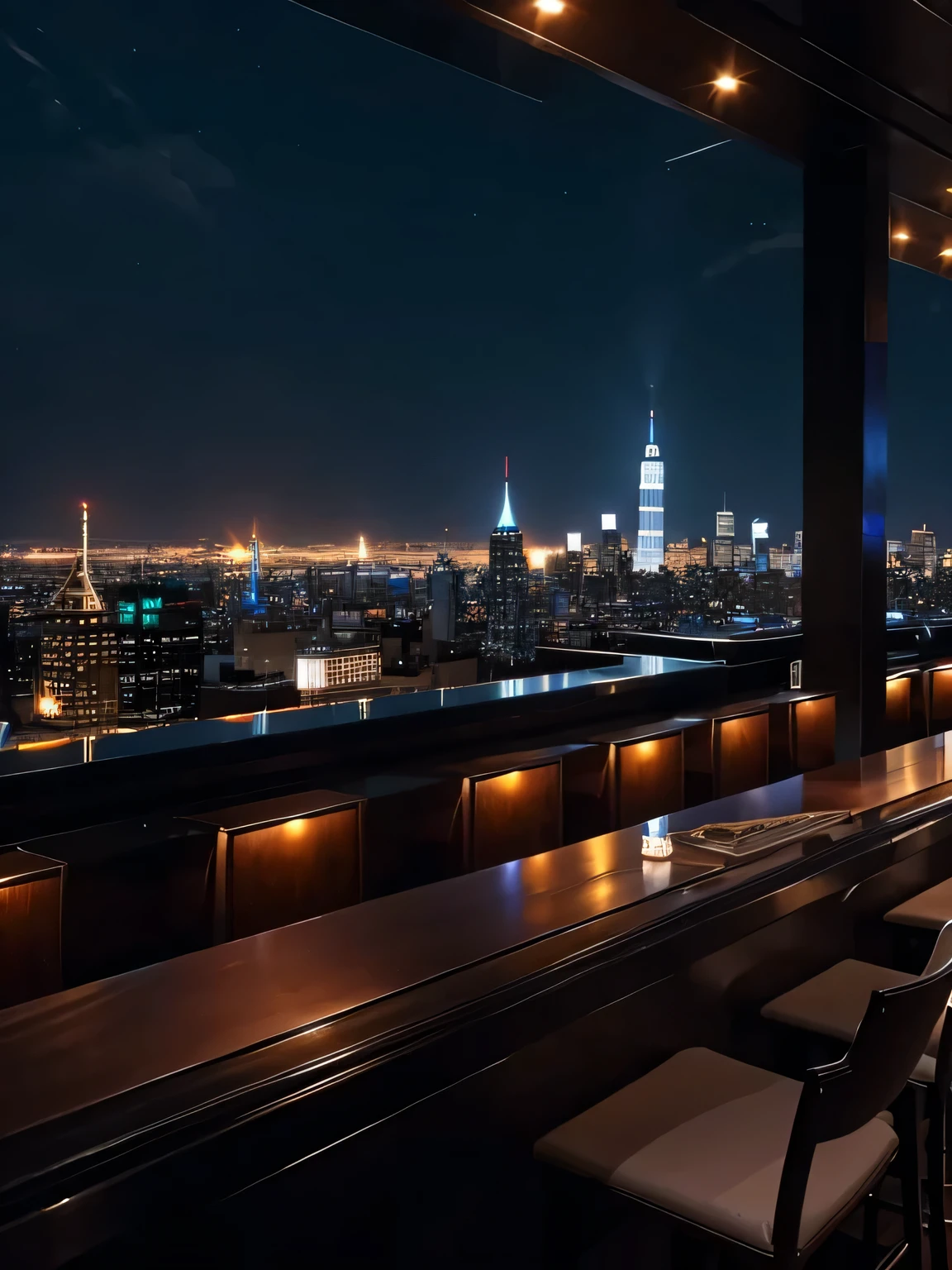 Create a luxurious rooftop bar with a view of a city skyline at night. The bar interior should feature elegant leather chairs and modern hanging lights. In the background, the iconic Empire State Building and other skyscrapers should be illuminated against a dark sky. The bar area is well-lit with warm, inviting lighting, and the shelves should display various bottles of alcohol. The overall mood should be sophisticated and calming, perfect for a relaxing night with drinks while enjoying the city view.”