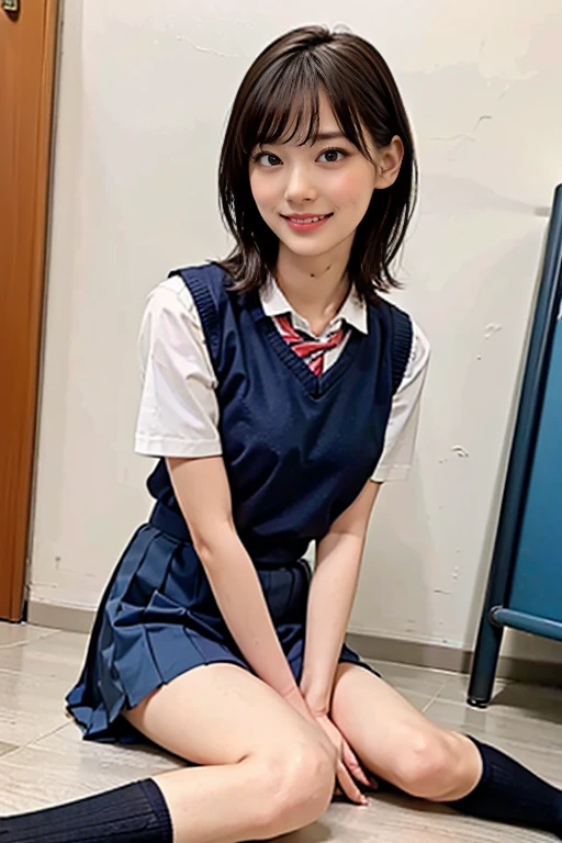 Female duo、23years old, school classrooms、high-school uniform:1.2,Dark blue skirt、Bob Layer Cut、Random Poses,White Short Sleeve Y-Shirt、shortsleeves、neck tie、Raw feet、Essential items for beautiful legs, 超A high resolution, (Ecstasy:1.0), 1girl in, (sobbing:1.0), Dark hair, Dramatic Lighting, female dog, Normal-breasted,Shake your head、Laugh、A smile