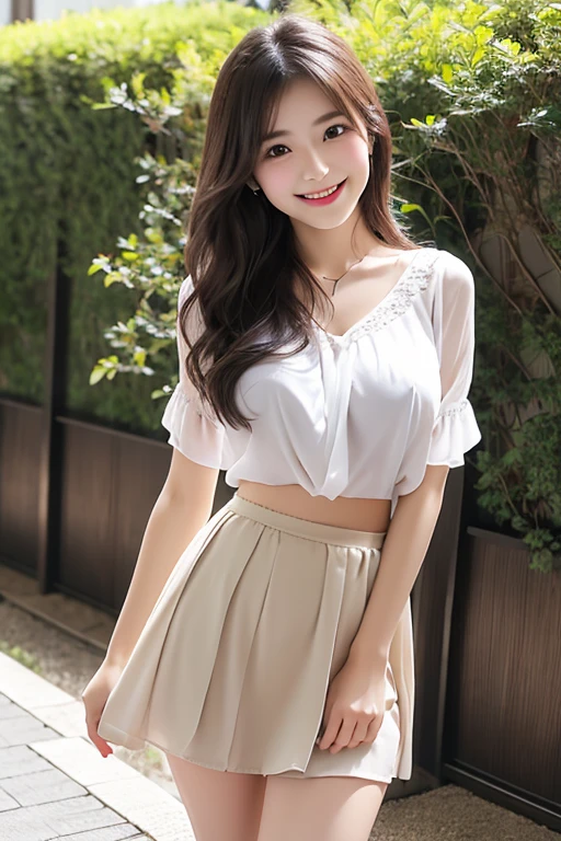 masterpiece、top-quality、Official art、Highly detailed CG Unity 8K wallpapers、Like a schoolgirl、a very delicate and beautiful、超A high resolution、(Photorealsitic:1.4)、Golden Hour Lighting、(The upper part of the body)、(Platinum Shorthair:0.8)、(Puffy eyes)、looking at the viewers、facing the front there、Laughing、JK Skirt、off shoulders、robe blanche、skirt rift、Only clothes are wet、bangss、Silky brown hair、Detailed hair strands、Pull the skirt up to waist level to show panties、Lace fabric panties、