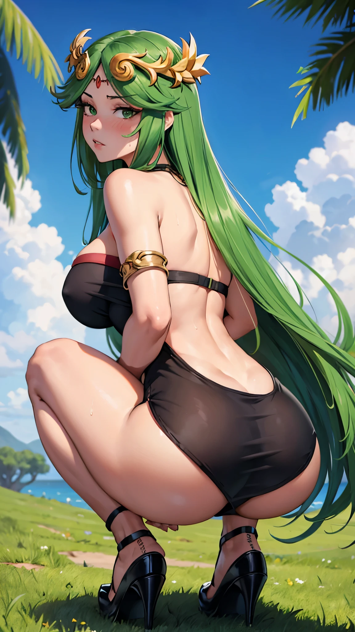 1girl, solo, long hair, breasts, looking at viewer, blush, large breasts, dress, jewelry, bare shoulders, full body, ass, thighs, outdoors, sweat, looking back, black footwear, white dress, from behind, high heels, parted bangs, strapless, squatting, strapless dress, circlet, palutena