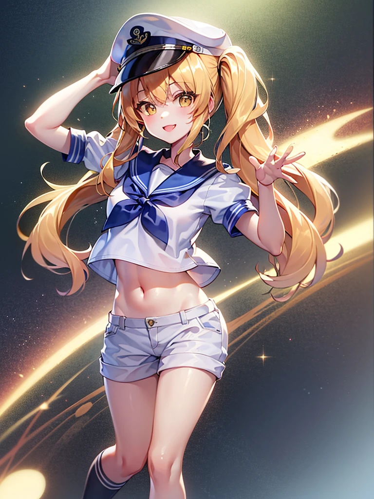 Twin-tailed golden-haired girl in sailor suit, Visible navel, Wear a hat and pants.a drawing of an anime character, clean line drawings, ultra cute girl, ultra cute face, ultra detailed eyes, ultra detailed hair, ultra cute, ultra beautiful, ((high end)), (UHD picture), (best quality,4k,8k,highres,masterpiece:1.2), top-quality(​masterpiece), top-quality, ultra-detailed, highly detailed texture, intricate details, high quality textures, masterpiece, best quality, perfect quality, perfect anatomy, perfect body, perfect symmetrical face, perfect hands, perfect feet, (two arms:1.2), (two legs:1.2), (five fingers each:1.2), (perfect joint:1.2), perfect joint movement, precise fingers and hands, 1 beautiful girl, 1 girl, alone, solo, , , ((())), ((childish)), (Best Quality, hight resolution), extremely detailed and lifelike, Vibrant colors, simple background, white socks, blonde hair, hat, blue sailor collar, twintails, sailor collar, sailor hat, yellow eyes, marine costume, short sleeves, shirt, blue neckerchief, white headwear, sailor, white shirt, white shorts, neckerchief, smile, Chiyuri