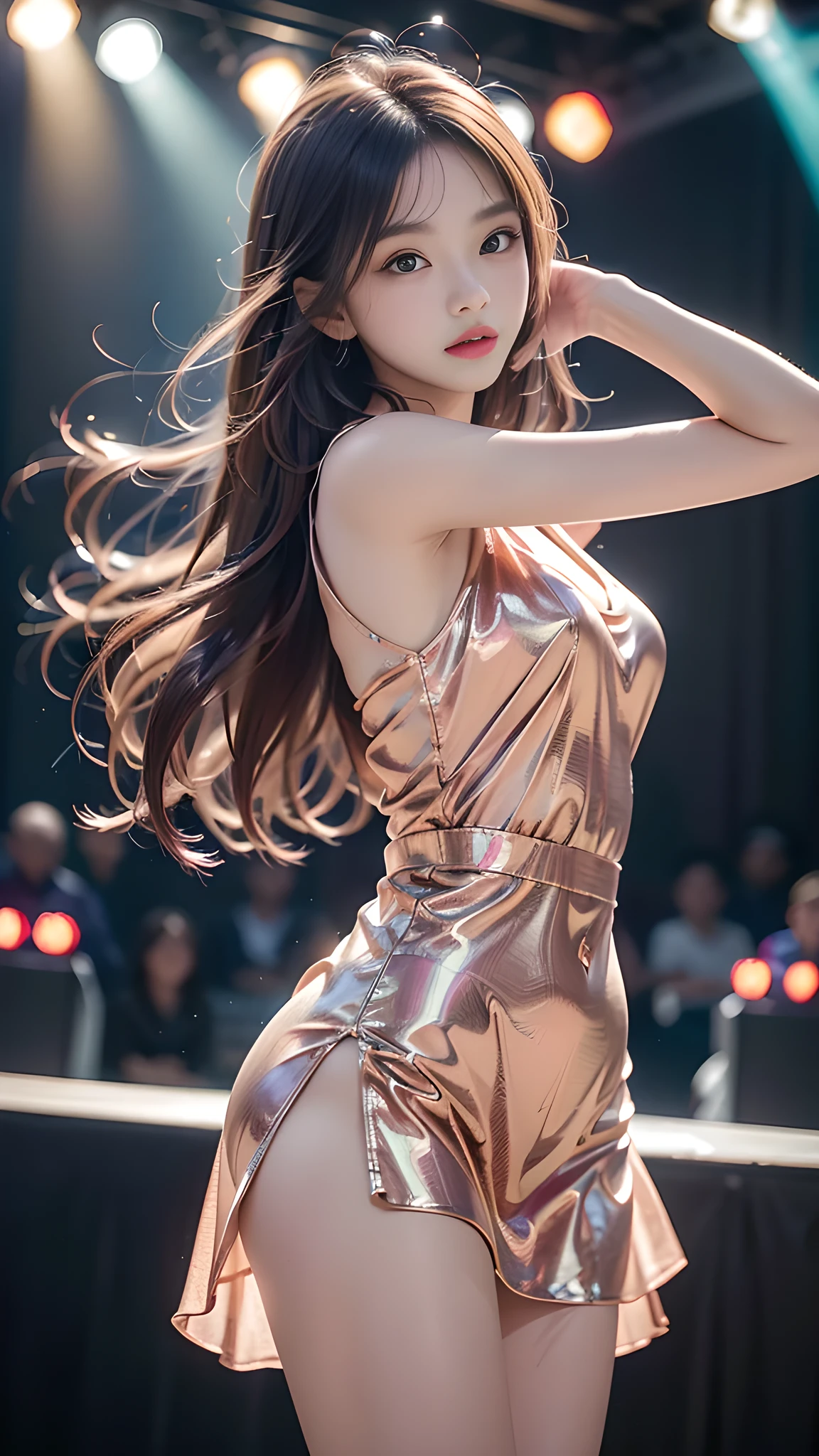 （best qualtiy，hyper HD, masutepiece, 16 K,Super Detail）,Goose egg face,largeeyes,long eyelasher,Exquisite（Live-action realistic style）,Extremely beautiful face,Photorealistic light and shadow,Clear facial features,milky skin,Fair skin, highdetailskin,Realistic skin details,Visible Pore,petite body,full body Esbian,Medium Hair,（Flowing hair）, SMOOTHNESS,Beautifully decorated,Luxurious space,NSFW：1.07、(Natural Breast),Make eye contact with your audience, Bangs,Big,Beauty at fashion shows, slim figure, (Wear a simple gold dress), (Give your audience a friendly smile), On the runway of a fashion show, (The seats are dark.,The stage is bright), Blue eyes,Model walking,Cowboy Shot,Shooting the back view