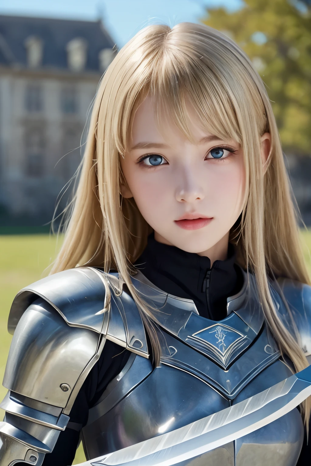 aasaber, green eyes, blonde hair, ahoge, gauntlets, (masterpiece:1.2), (ultra detailed), (8k, intricate), (85mm), (highly detailed:1.2), (highly detailed face:1.2), full body, daylight, solo