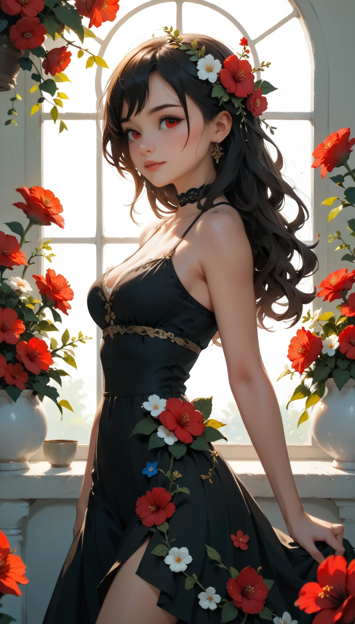 Beautiful woman、flower arrangement、Wabi-sabi art、Very detailed_face_eye、Very detailedface、Black Dress、white、gray、red、parchment、Abstract Floral Arrangement、Three big flowers、Dreamy Art、silence、wallpaper、Please redeem、masterpiece、High resolution、８ｋ