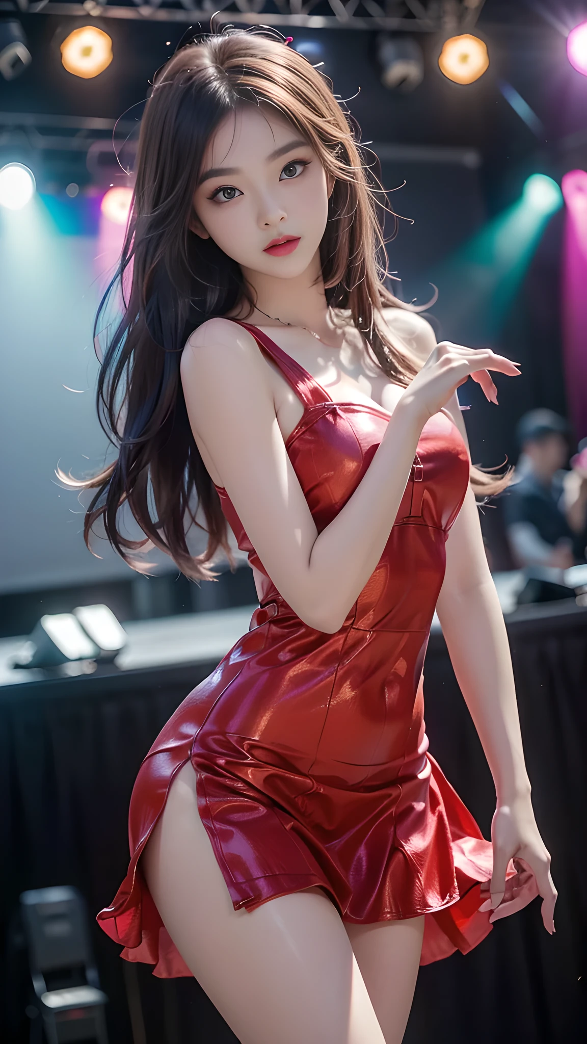 ulzzang-6500-v1.1, (RAW photo: 1.2), (Real photo), (Real photo: 1.4), 1 girl、Perfect anatomy、1、Looking at the camera、Medium length hair、dance dress, ((performing on stage: 1.1))、(Business service)、Asian eyes Ella,