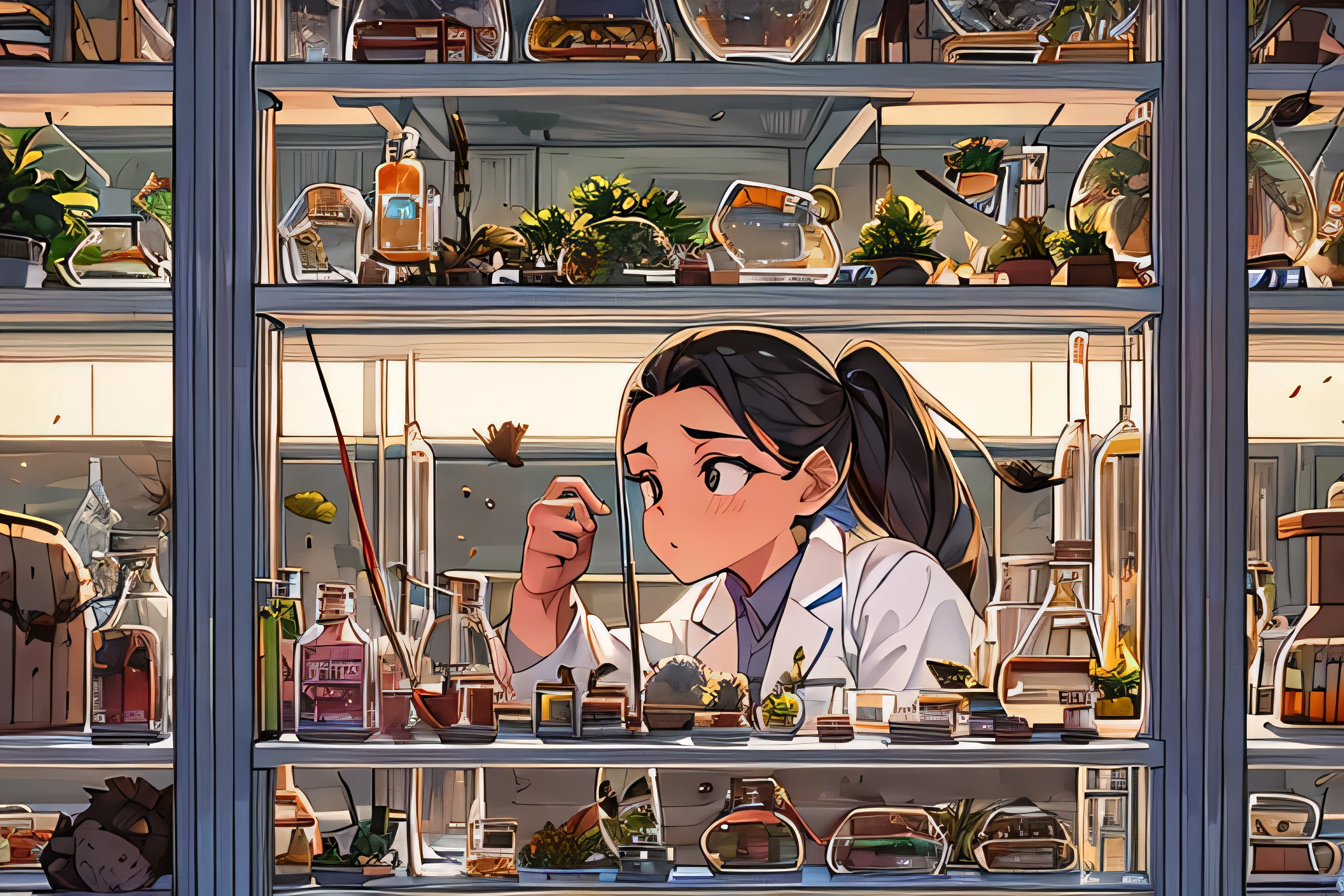 A young female scientist in a quiet laboratory setting, wearing a lab coat and examining ants under a microscope. The lab is filled with glass beakers, test tubes, and plant samples. In the background, there are shelves filled with books and insect specimens. The lighting is soft and warm, creating a relaxed atmosphere. The girl seems deep in thought, observing the ants’ behavior for her research.