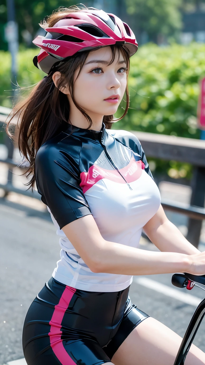 (8K、ultra high resolution、highest quality、masterpiece、realistic、ultra high resolution:1.2)、High-definition RAW color photo、professional photos、 (whole body:0.8)、(realistic、photo realistic、motion blur:1.2)、(Must have big breasts、pretty big breasts、Always hide all breasts、toned body:1.2)、((Always colorful and very shiny mountain bike racing uniform、A female cyclist who always straddles a Dildo dynamically、(straddle the dildo、insert white dildo in pussy):1.3))(Bright colors、vivid lighting、scenic downtown:1.2)(draw diagonally from below、natural skin texture、fine skin、hyper realism、intricate details、Depth of the bounds written、adult woman、(masterpiece、highest quality、high detail))、Definitely ahegao、eyes are out of focus、Big eyes、Clear double eyelids、perfect face、small face、Helmet(look at the viewer、eye highlights、lip glosust have short black bob)