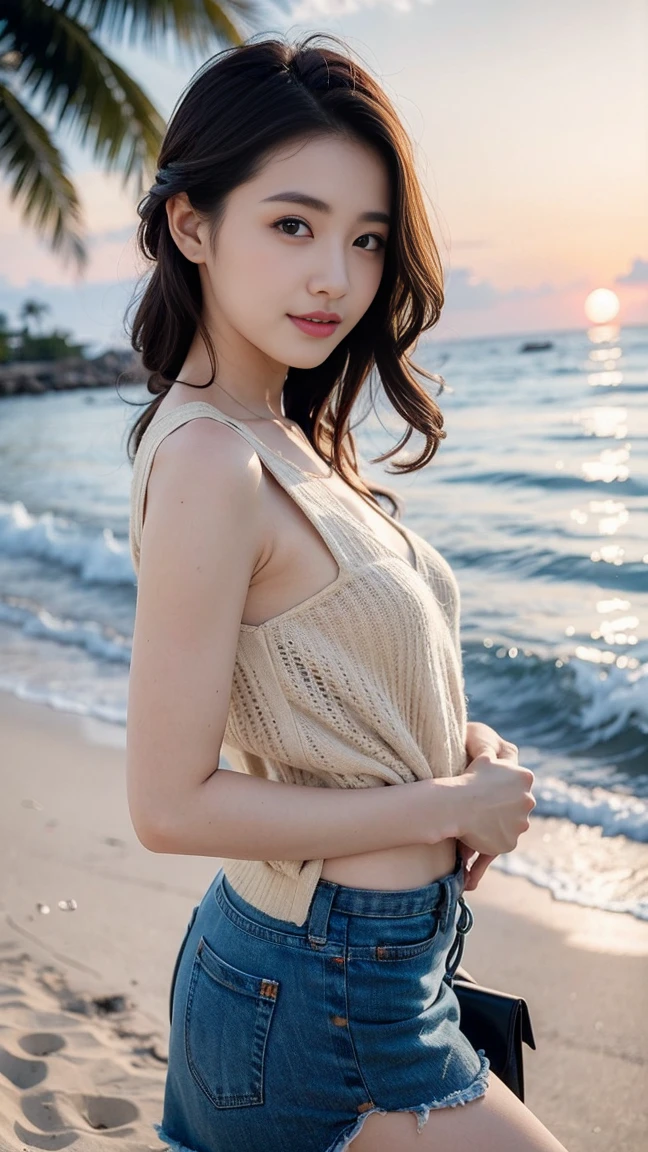 sano、japanes、18year old、femele、Good Style、blows wind、mare、vague、Running、Best Quality, in 8K, Raw photo, Professional Photography, Portrait, Soft light,, Idol、Cute, Delicate girl, Neat and clean beauty, A smile、Sophisticated, Film grain, (Eyes and faces with detailed:1.0), bangss、tshirts、v neck、You can see the valley、breasts are not large