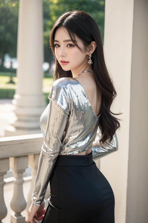 dark brown hair、Light brown eyes、The face of the Japan actress、 Lady、The face is about 40 years old.、(intricate-detail:1.2)、(top-quality:1.4)、 (超A high resolution:1.2)、超A high resolution、(A detailed eye)、(detailed facial features)、nffsw、8K resolution、D cup size breasts、santa costume、Ass facing me、i am wearing a long skirt.、length hair、night view of singapore