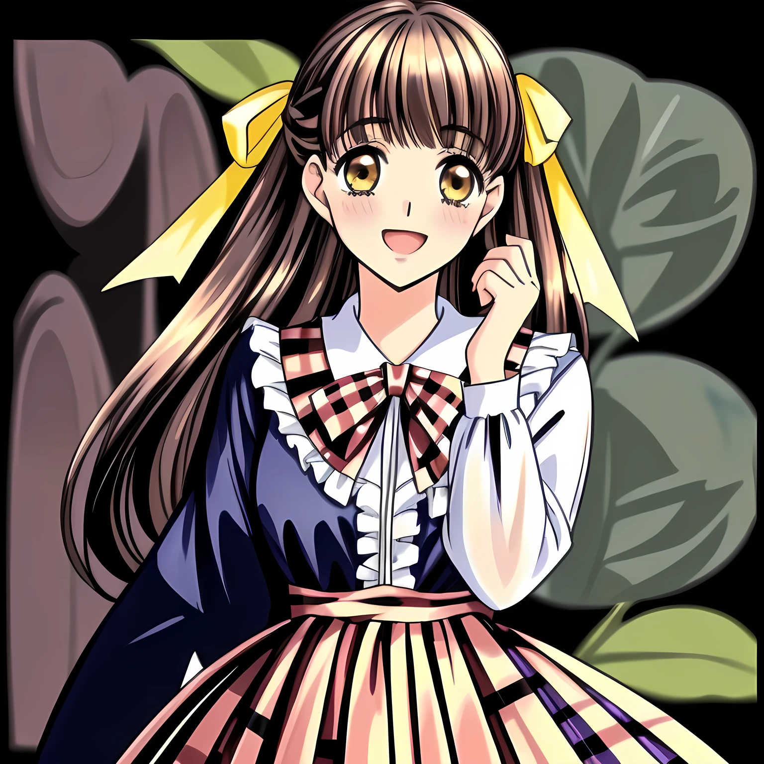 (highest quality, masterpiece: 1.6), (Two beautiful girls are coming from right and left, facing a transparent statue at the center, and kissing the transparent statue: 1.5), (Too Beautiful noble 18yo beautiful noble heroines, beautiful giggling noble elegant 18yo neat anime heroines who wares completely yellow frilled girly blouse and navy-colored plaid skirt, are giving the statue extreme pleasure, Noble Elegant uniform: 1.5), (yellow girly frilled blouse: 1.2), (Anime-heroine's girly noble laughing giggling brown eyes: 1.6), (Realistic Charming neat navy-colored very-neat well-pleated long checkered plaid school skirt: 1.5), (black background: 1.7), (Eyes, face and hair are especially beautifully detailed and beautifully drawn: 1.5), (Girl whom everyone loves because of her beauty and lovely fashion and noble manner and magic-charm like succubus: 1.0), (Very beautiful, wavy, cutely super-super-long straight gorgeous rich dark black hair like hair model, with elegant big yellow hair ribbons: 1.3), (beautiful black hair: 1.5), (Perfect body style like a fashion model)