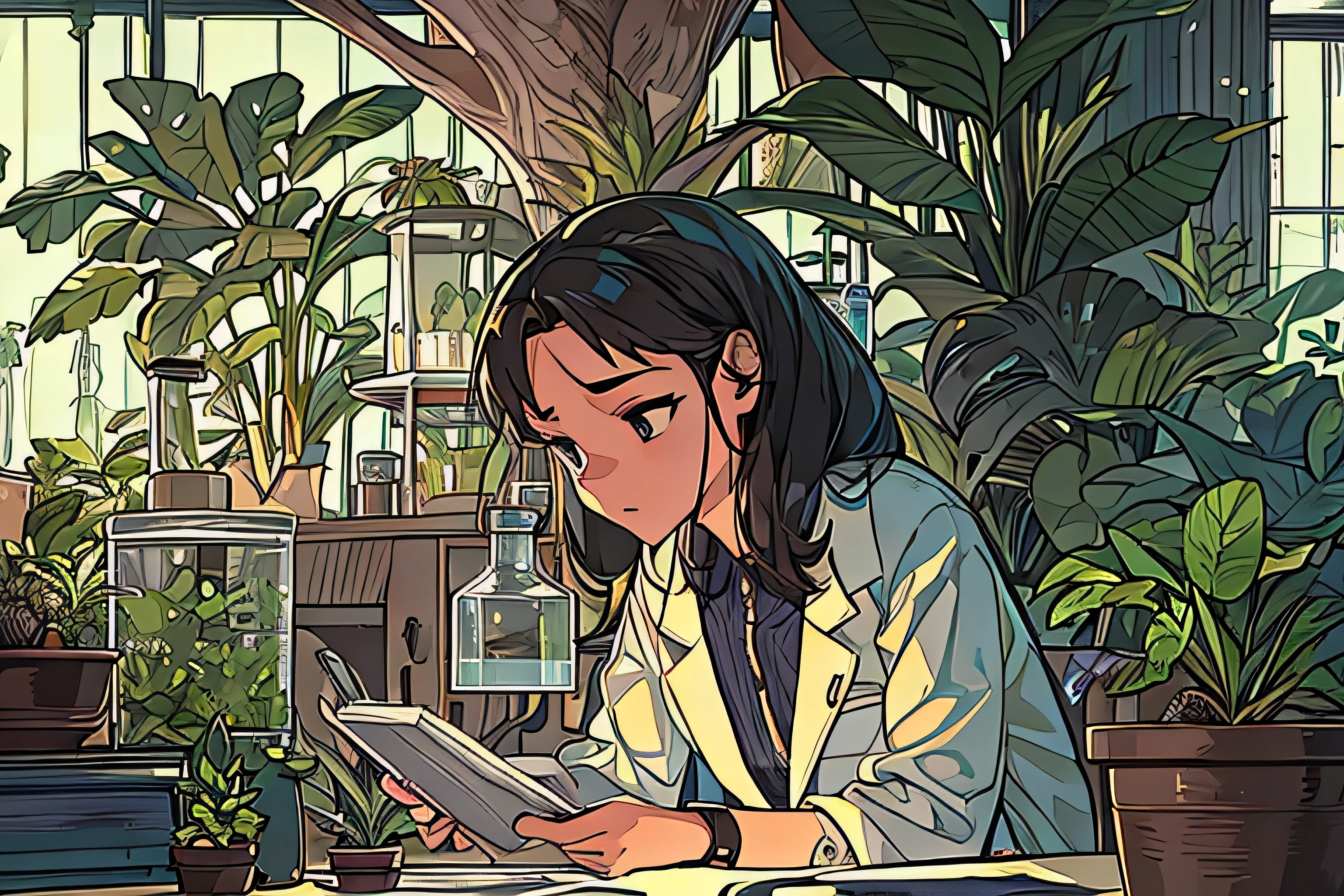 A calm and focused Lofi girl, sitting in a cozy greenhouse surrounded by plants and small insect terrariums. She wears a lab coat and is taking notes on a clipboard, with various scientific instruments around her. The atmosphere is serene, with natural light filtering through the glass, and you can see ants moving in a small enclosed habitat. The girl has headphones on, studying ants in a scientific environment. The mood is peaceful and slightly nostalgic, perfect for Lofi music.