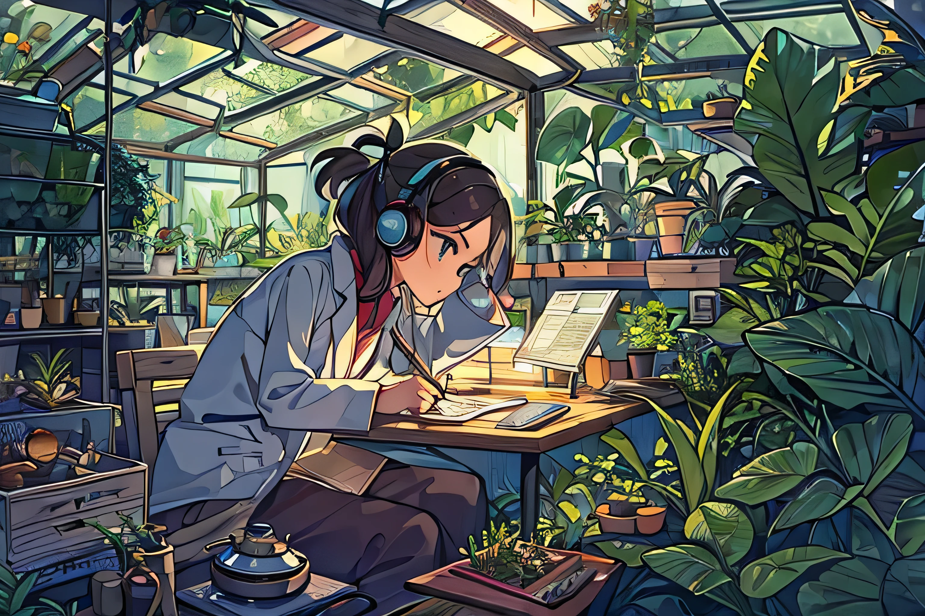 A calm and focused Lofi girl, sitting in a cozy greenhouse surrounded by plants and small insect terrariums. She wears a lab coat and is taking notes on a clipboard, with various scientific instruments around her. The atmosphere is serene, with natural light filtering through the glass, and you can see ants moving in a small enclosed habitat. The girl has headphones on, studying ants in a scientific environment. The mood is peaceful and slightly nostalgic, perfect for Lofi music.