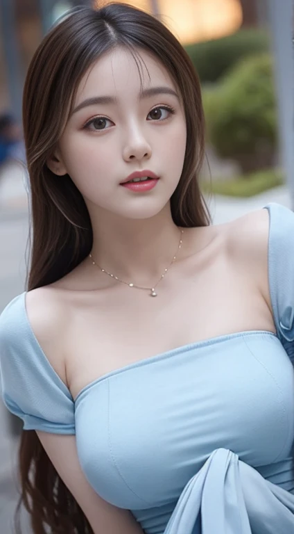 (lifelike, high resolution:1.3), 1 girl with a perfect figure, Delicate facial features,Double eyelids,Long eyelashes,The eyes are super good-looking,Wear a necklace,Long hair, Random color vest:1.2, Short jeans, Big ,Showing cleavage