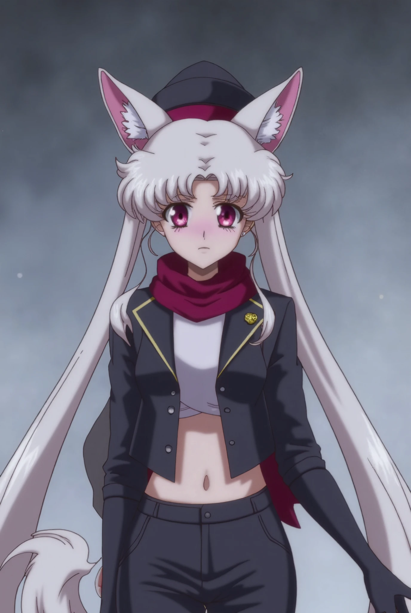 (masterpiece, Best quality:1.2),Sailor Moon，1 girl adjusts clothes animal ears fluff animal ears ass bangs beanie black headdress black pants black scarf blue scarf breasts denim shot ears wear headdress fox ears fox girl fox tail bangs trimmed from the side gloves gradient gradient background gray background hair between eyes hands in pockets hat jacket long hair long sleeves looking at viewer looking back medium breasts pants purple scarf red eyes red scarf scarf silver hair solo standing tail very long hair

