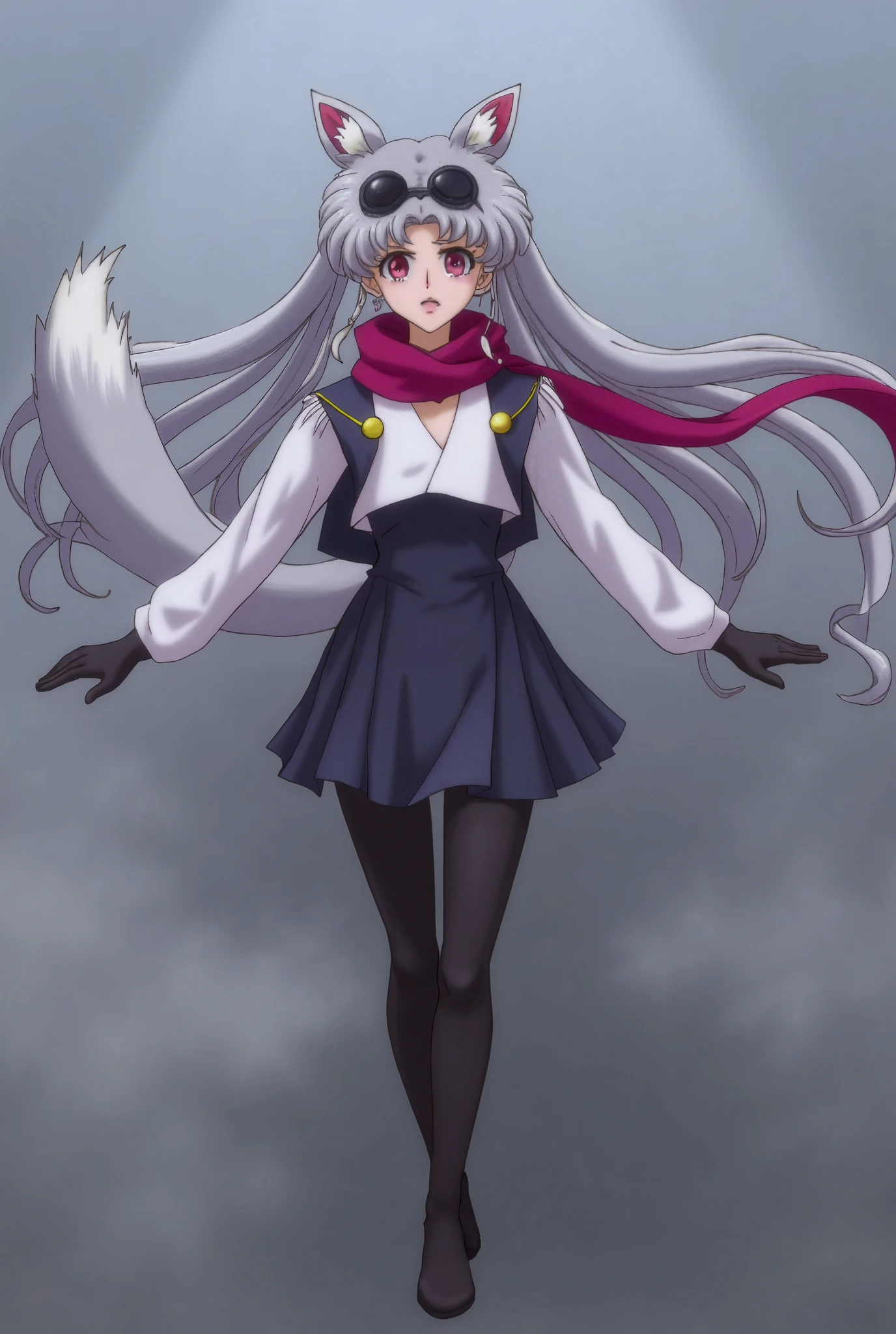 (masterpiece, Best quality:1.2),Sailor Moon，1 girl adjusts clothes animal ears fluff animal ears ass bangs beanie black headdress black pants black scarf blue scarf breasts denim shot ears wear headdress fox ears fox girl fox tail bangs trimmed from the side gloves gradient gradient background gray background hair between eyes hands in pockets hat jacket long hair long sleeves looking at viewer looking back medium breasts pants purple scarf red eyes red scarf scarf silver hair solo standing tail very long hair

