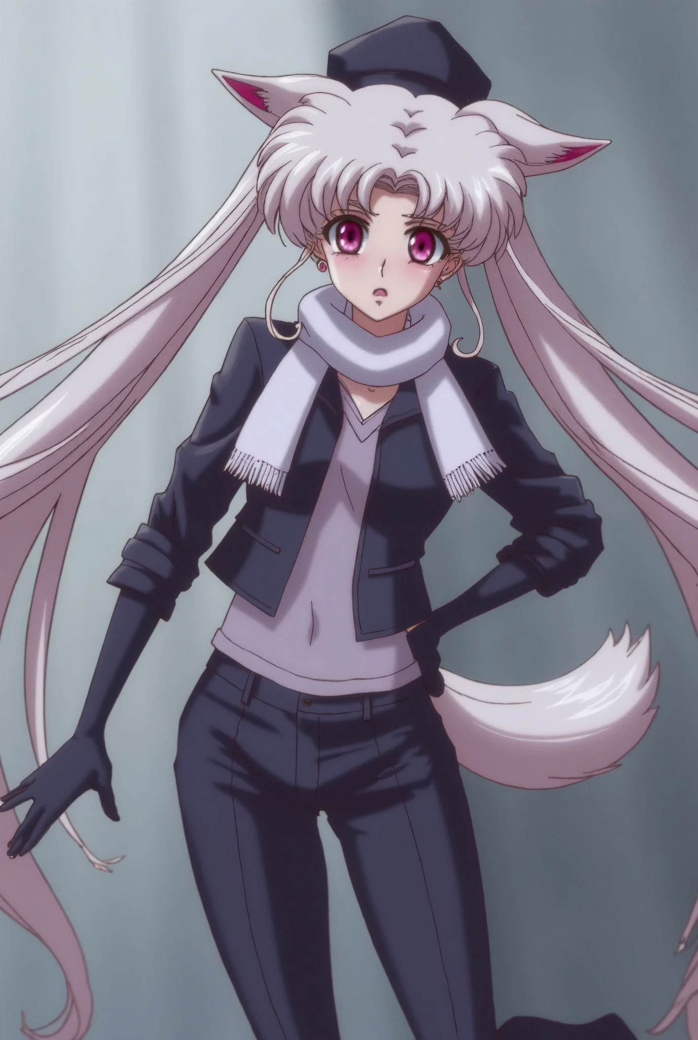 (masterpiece, Best quality:1.2),Sailor Moon，1 girl adjusts clothes animal ears fluff animal ears ass bangs beanie black headdress black pants black scarf blue scarf breasts denim shot ears wear headdress fox ears fox girl fox tail bangs trimmed from the side gloves gradient gradient background gray background hair between eyes hands in pockets hat jacket long hair long sleeves looking at viewer looking back medium breasts pants purple scarf red eyes red scarf scarf silver hair solo standing tail very long hair

