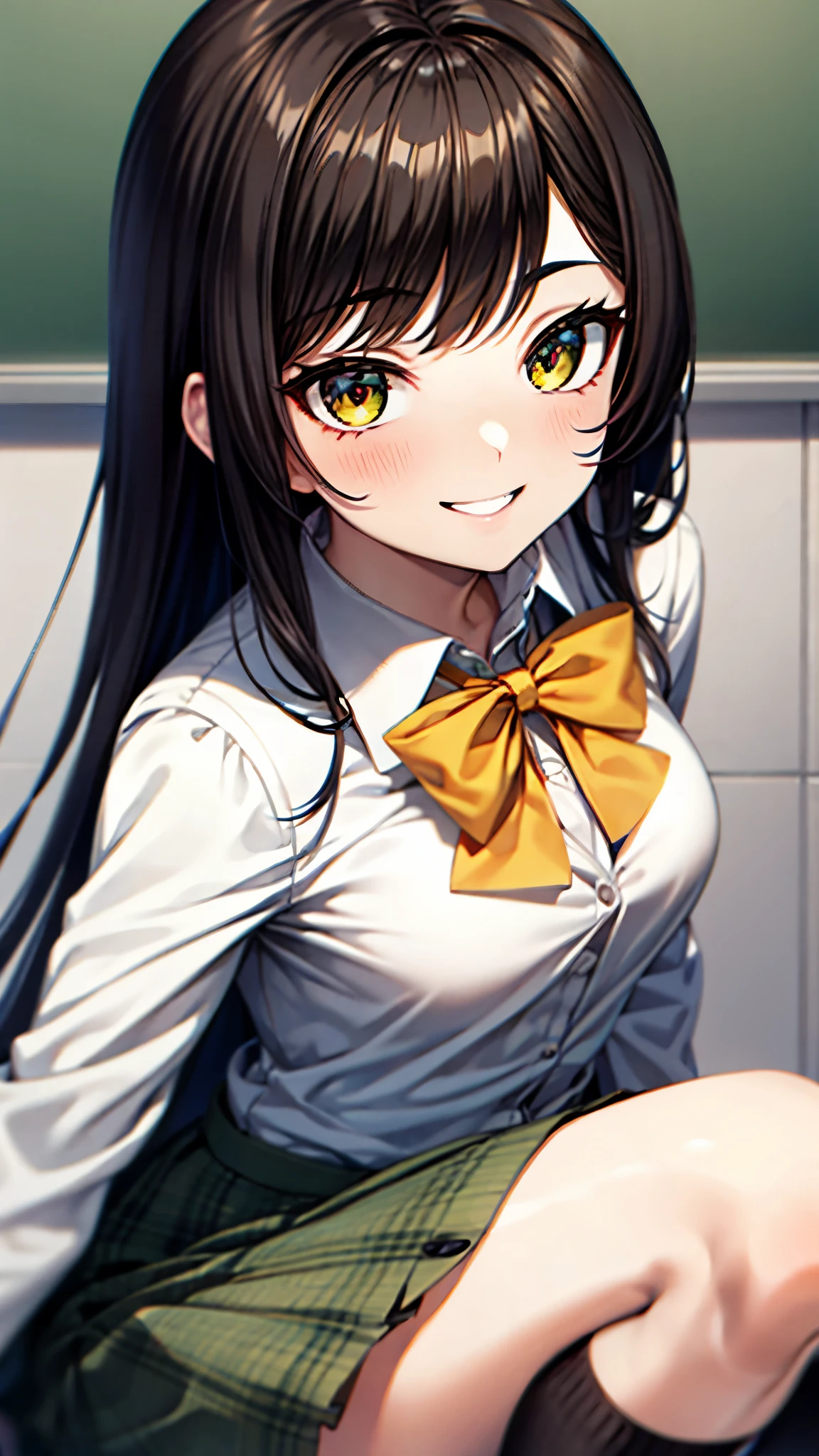 Best Quality, masutepiece, Portrait, , 1girl in, Kotegawa Yui, Black hair, Long hair, Long bangs, Brown eyes, Large breasts, Yellow Uniform, Pleated skirt, crass room, Looking at Viewer, Smile,Photo from below、a miniskirt、Black panties