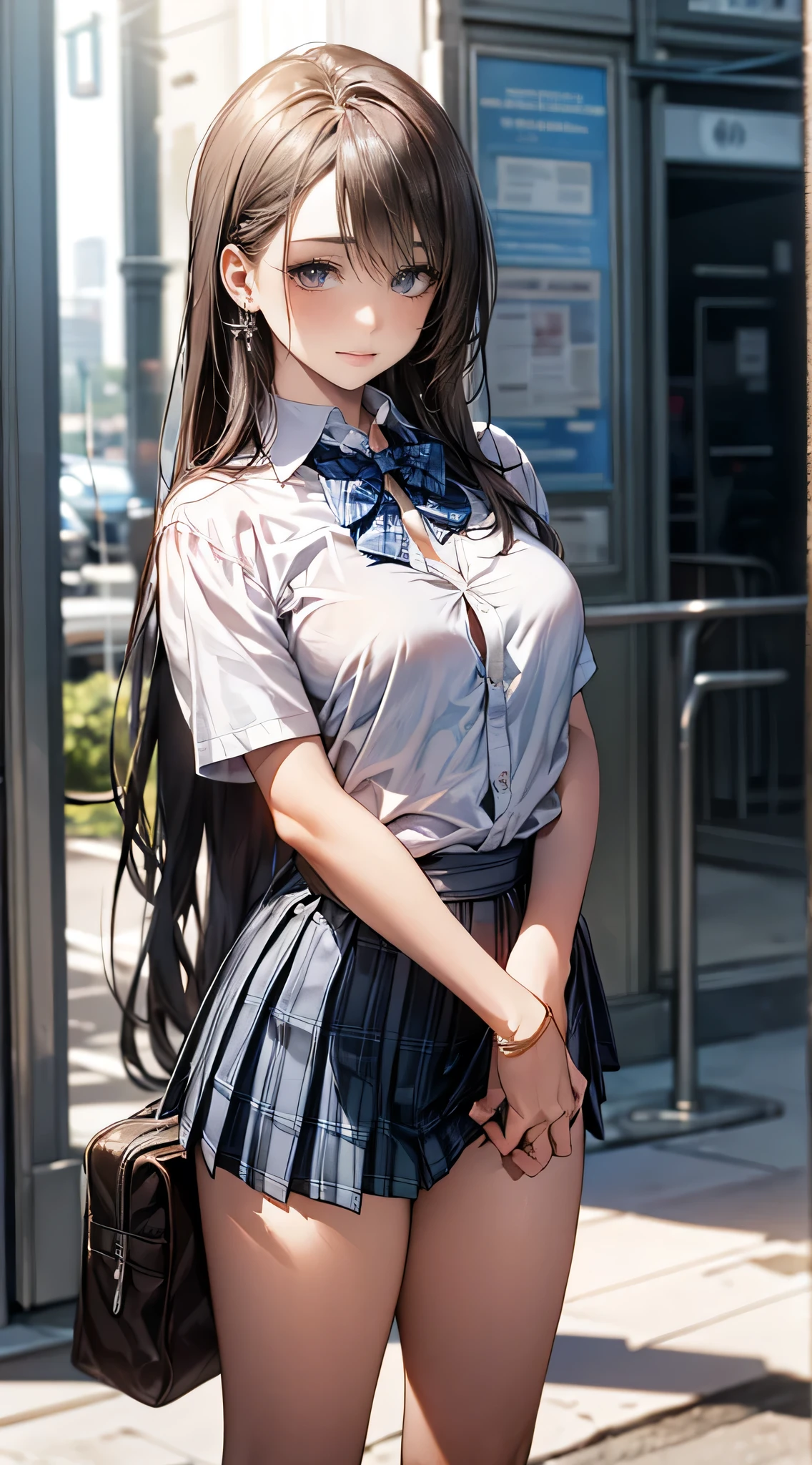 maximum resolution, ultra high definition, (delicate eyes and skin), (detailed facial features), sharp focus, cute face, perfect body, anatomically correct, Highly detailed face and skin texture, dark blue eyes, double eyelid, thin eyebrows, shiny skin, sparkly earrings, bracelets, glossy lips, Very cute high school girl, smile, long wavy hair, light brown hair, library, low angle shot, large breasts, thigh highs, white shirt, black pleated miniskirt