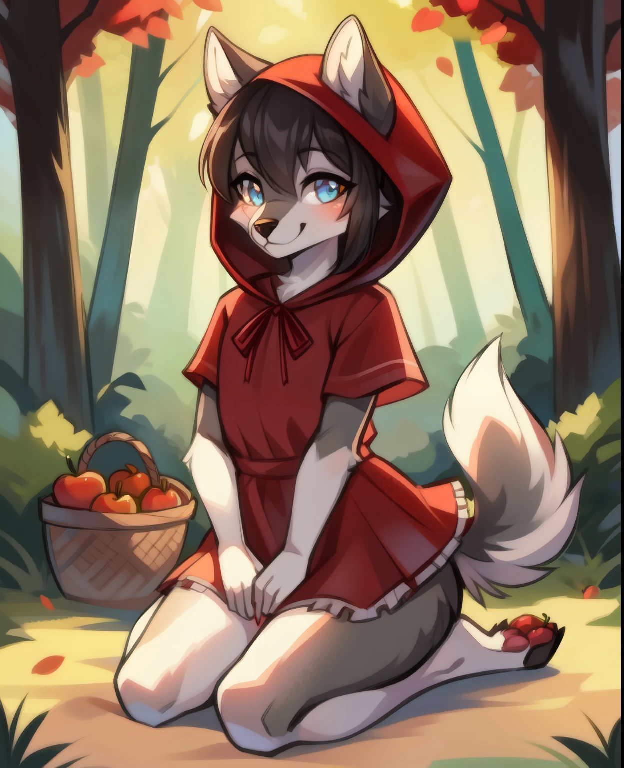 furry anthro wolf girl in red riding hood costume,
highly detailed body fur, gray fur,
cute, smiles seraphicly innocently,
a basket of apples,
wolf paws, wolf tail, wolf snout, girly hairstyle, twinkle eyes,
in the forest with trees and leaves