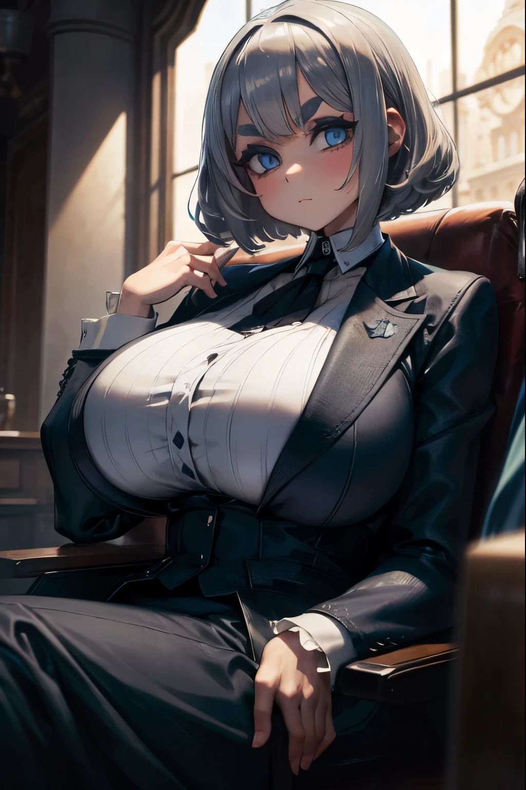 Ultra-detailed, Best Quality,Silver Hair,Bobcut,Curly Hair,Blue Eyes,Thick eyebrows,gigantic breast,Formal Suit,luxury passenger ship