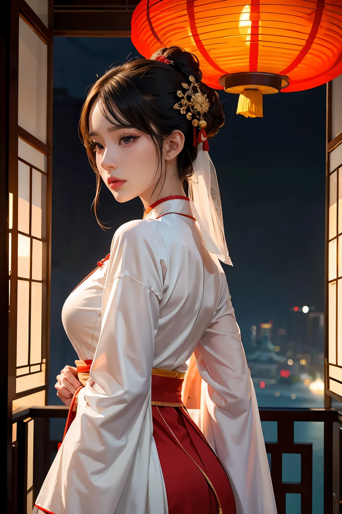 8k, Masterpiece Best Quality, Women, (Gentle Shape), perfect face, hanfu dress, sexy, fascinating, thin fabric chinese dress, tower, red lantern tower,