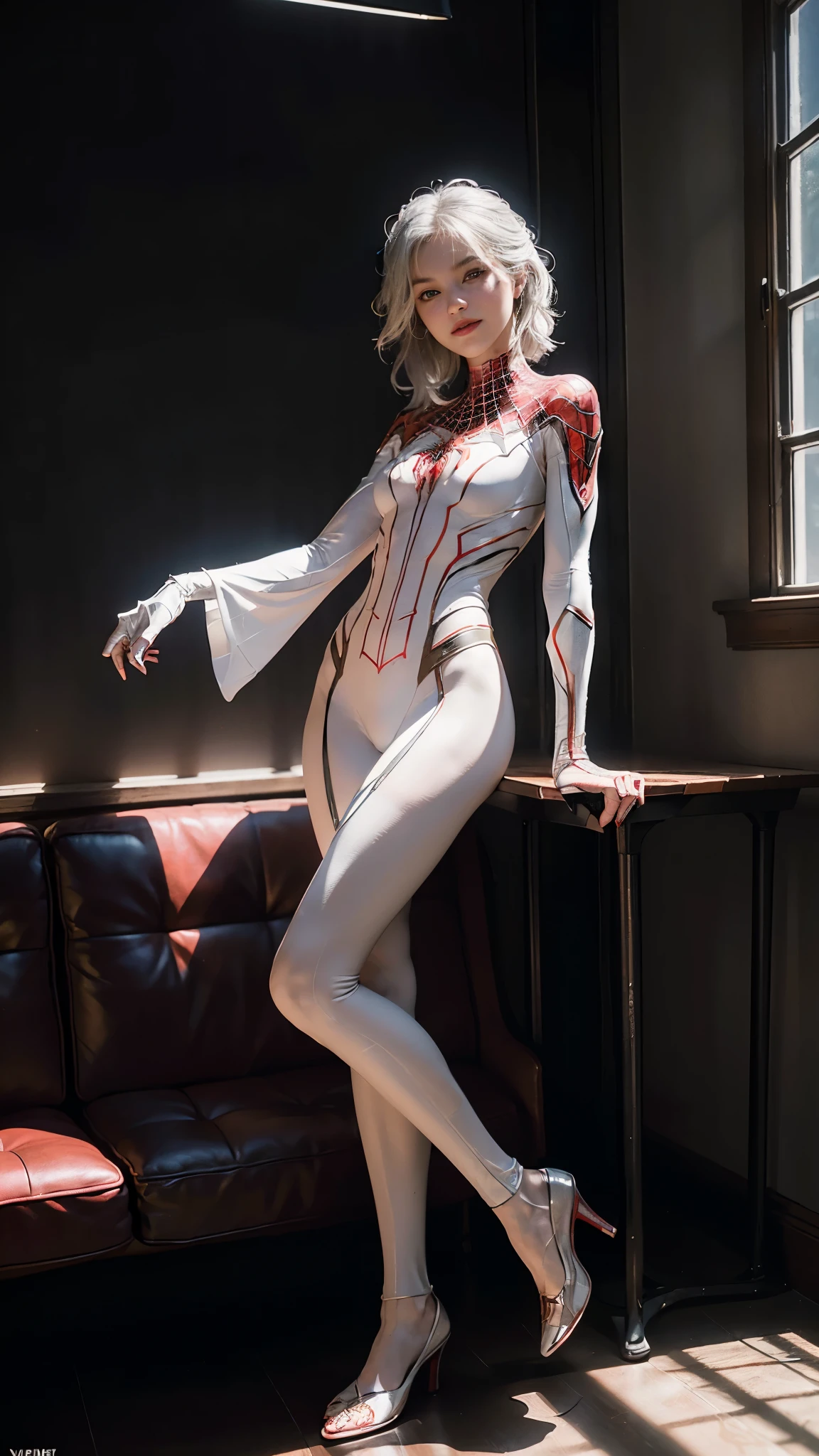 (Highly Detailed CG Unity 8K Wallpaper, masterpiece, Highest quality), (Exquisite lighting and shadows, A very dramatic picture, cinematic lens effects), a girl in a white Spiderman costume, Silver grey hair color, from the Spiderman parallel universe, Wenger, Marvel, Spiderman, Sitting on the couch, Dynamic pose), (Amazing details, Excellent lighting, Wide-angle), (Excellent rendering, Stand out in the same class), focus on white Spiderman costumes, Intricate spider texture