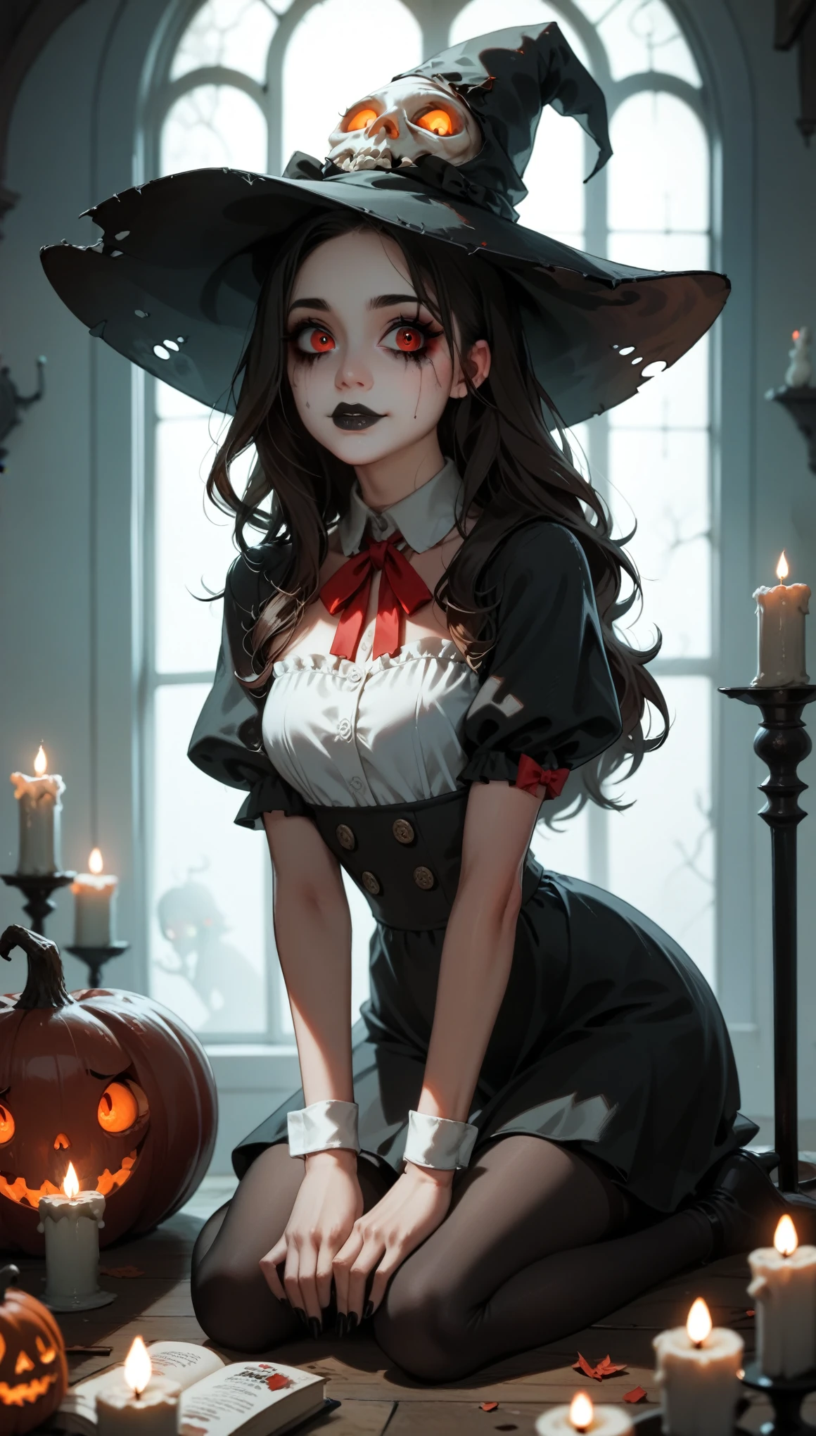 Dark Horror、One Girl、Super cute girl、Pure white skin、jet black eyeshadow、Black Lips、Horror makeup、Full body snapshot、Witch uniform、Haunted House、Candlelight、Experience the horror、Creepy Appearance、Unique atmosphere