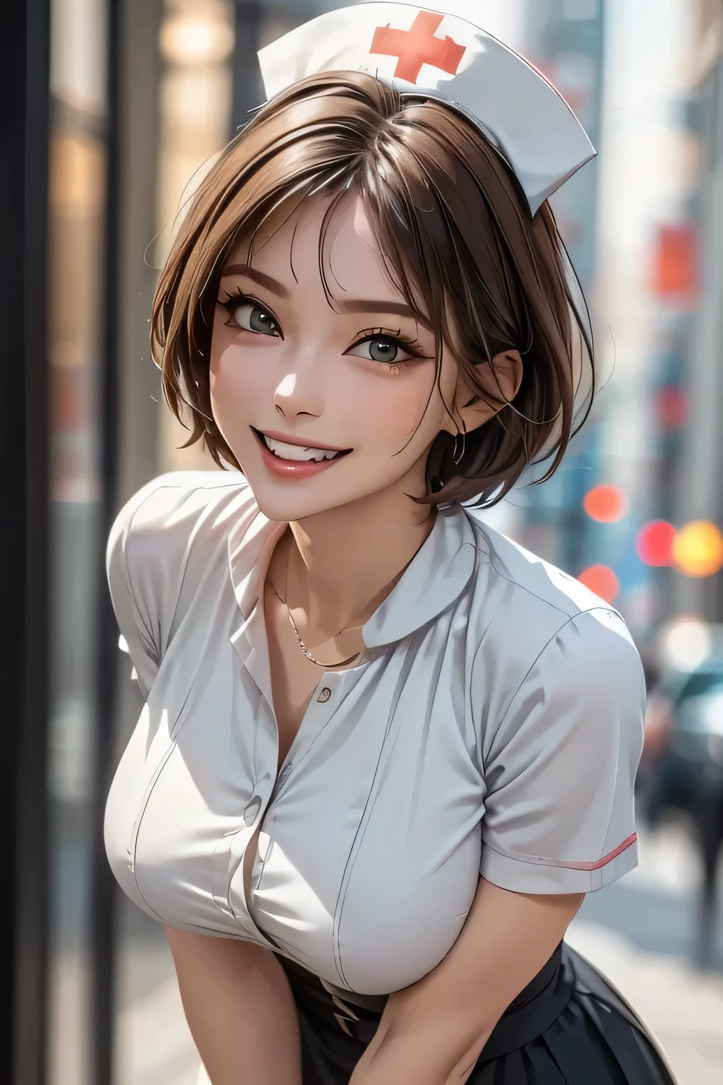 Female Nurse Painting, (masterpiece, Best Quality, Super detailed, Realistic), (Pink skin tone:0.9), look up, Eye contact, (1 Beauty), Supermodel, Beautiful Face, double eyelid, Long eyelashes, Grin, Beautiful teeth alignment, Erotic, sexual excitement, (Please open your mouth wide:1.0), Muscular body, feminine, ((Very big and round breasts)), (Thighs), ((Nurse cap and low cut nurse uniform)), Beautiful Face, Fuller lips, Slim face, high cheekbones, Muscular, glamorous body, Vulgar