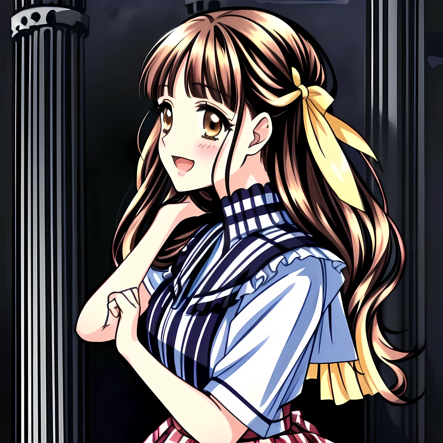(highest quality, masterpiece: 1.6), (Too beautiful girl is hugging and kissing an Ancient Pillar, and looking the ancient pillar, loving the ancient pillar: 1.8), (Too Beautiful noble 18yo beautiful noble heroine, beautiful giggling noble elegant 18yo neat anime heroines who wares completely yellow frilled girly blouse and navy-colored plaid skirt, is giving the ancient pillars extreme unreal pleasure, with Noble Elegant uniform: 1.5), (yellow girly frilled blouse: 1.2), (Anime-heroine's girly noble laughing giggling brown eyes: 1.6), (Realistic Charming neat navy-colored very-neat well-pleated long checkered plaid school skirt: 1.5), (black background: 1.7), (eyes, face and hair are especially beautifully detailed and beautifully drawn: 1.5), (Girl whom everyone loves because of her beauty and lovely fashion and noble manner and magic-charm like succubus: 1.0), (Very beautiful, wavy, cutely super-super-long straight gorgeous rich dark black hair like hair model, with elegant big yellow hair ribbons: 1.3), (beautiful black hair: 1.5), (Perfect body style like a fashion model), (Take picture from her side: 1.5)
