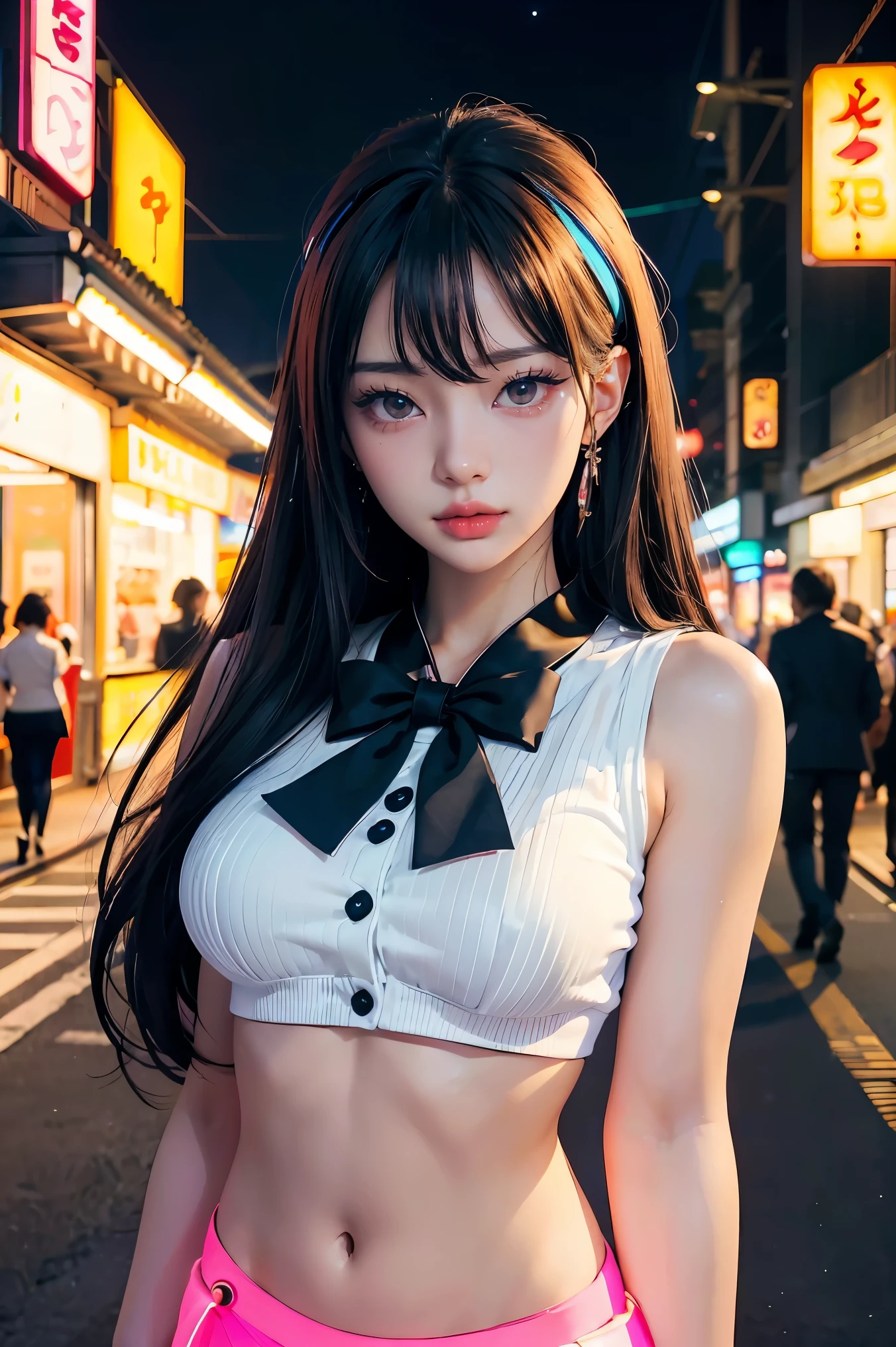 A beautiful woman in gyaru makeup wearing school uniform on the bustling streets of Gintama, surrounded by vendors, beautiful portrait of a stunning goddess girl, beautiful detailed face, porcelain skin, half body shot, centered,(black hai,navel:1.2),((moonlight,night,big neons,strong neon lighting,rim lighting,two tone lighting))),