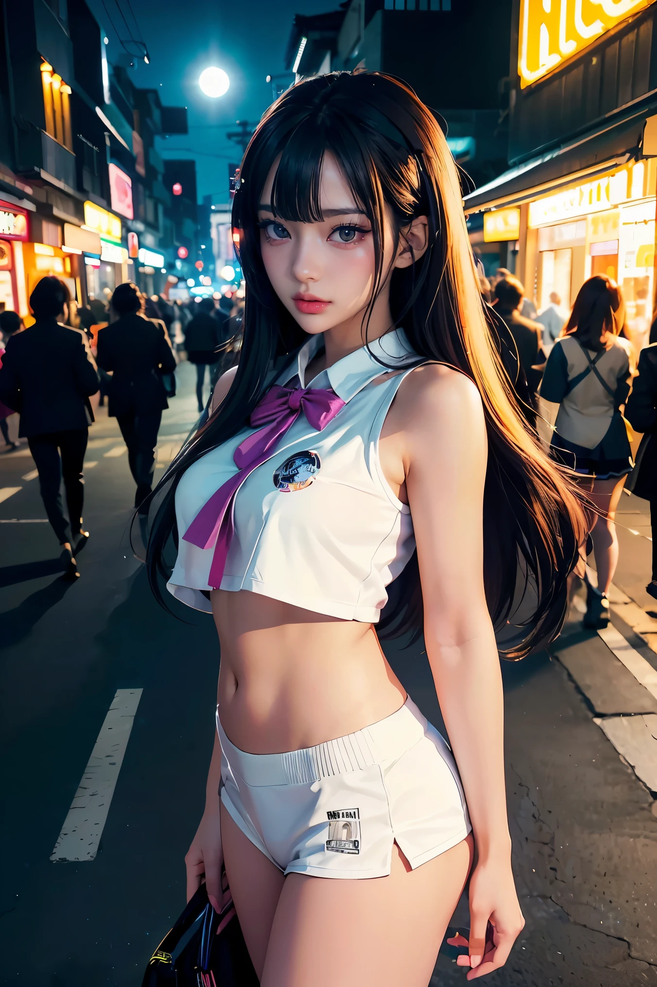 A beautiful woman in gyaru makeup wearing school uniform on the bustling streets of Gintama, surrounded by vendors, beautiful portrait of a stunning goddess girl, beautiful detailed face, porcelain skin, half body shot, centered,(black hai,navel:1.2),((moonlight,night,big neons,strong neon lighting,rim lighting,two tone lighting))),