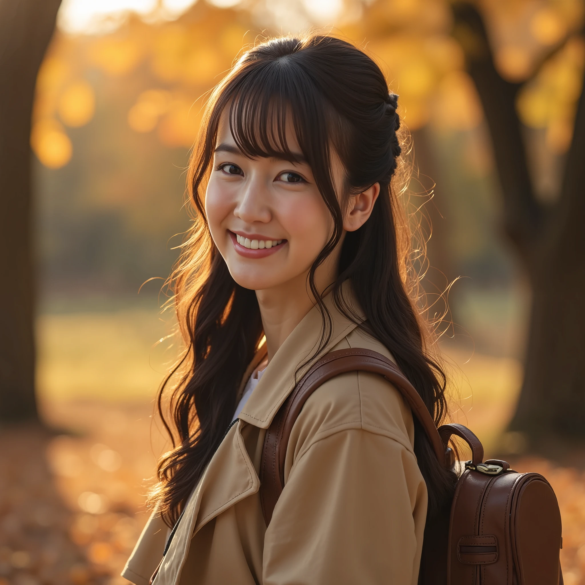 Photograph of A portrait of a young woman standing in a park during autumn. She is wearing a beige jacket and has a brown backpack slung over her shoulder. Her long dark hair, with soft bangs framing her face, is styled in loose waves. She is smiling warmly at the camera, creating a friendly and inviting expression. The background is blurred, with a wooded area featuring trees and fallen leaves. The lighting is soft and warm, creating a peaceful and serene atmosphere, using harmonious color theory. It captures the fleeting golden moment during the era of samurai and shoguns, with warm, golden sunlight just before sunset. Shot in a nostalgic sepia toning. harmonious color theory composition. during the era of samurai and shoguns. capturing the fleeting golden moment. with warm, golden sunlight just before sunset. shot on Sony A1. with nostalgic sepia toning