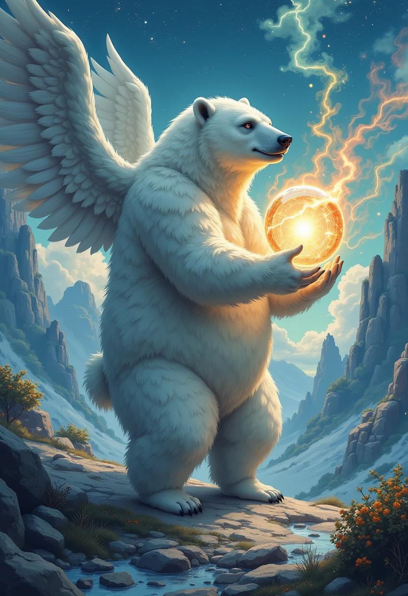 full body in Michelangelo Buonarroti style, character focus, 1boy, full body, looking away, dynamic angle, BREAK angel, plump middle-aged polar bear man, complete anatomy, perfect proportions, angel wings, beautiful thigh gap, fluffy body, intricate fur details, beautiful fur texture, BREAK detailed bear tail, detailed toe, 5toes, 5toes nails, beautiful foot, BREAK detailed hands, 5fingers, 5fingers nails, BREAK cute face, aesthetic anime face, insanity detailed face, male face, big face, square jawline, aesthetic anime eyes, detailed brown eyes, detailed brown cornea, detailed dark brown irises, detailed pupils, male eyes, big eyes, male eyebrows, innocent look, beautiful beard, BREAK happy, light smile, rushing wind, clothed costume, hold with both hands quantum electromagnetic life form sacred sphere, spinning fly, cute pose, BREAK [simple background::12], detailed painting landscape, twilight, kaleidoscopic swirls, outdoor, masterpiece, official art, best quality, very aesthetic, absurdres, super fine illustration, great quality, BREAK noise reduction, very highres, large filesize, high quality, 32K, 8k wallpaper, dynamic lighting, BREAK insanity detailed, ultra detailed, intricate details, extremely detailed, detailed texture, an extremely delicate and beautiful, full color, HDR, BREAK e621 uncut tag, Fur Affinity illustration, osukemo, kemohomo, anthropomorphic, furry, cartoon, harmonious, pastoral, virtuous, BREAK digital illustration anime