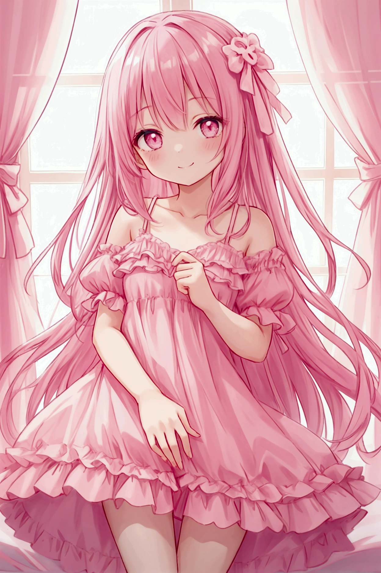 Girl、Vertical Roll、Drill Roll、Twin tails、Pink Hair Color、Embarrassed、Open your mouth、Pink nightgown、Flat Chest、Nipples are visible through the、Pink Panties