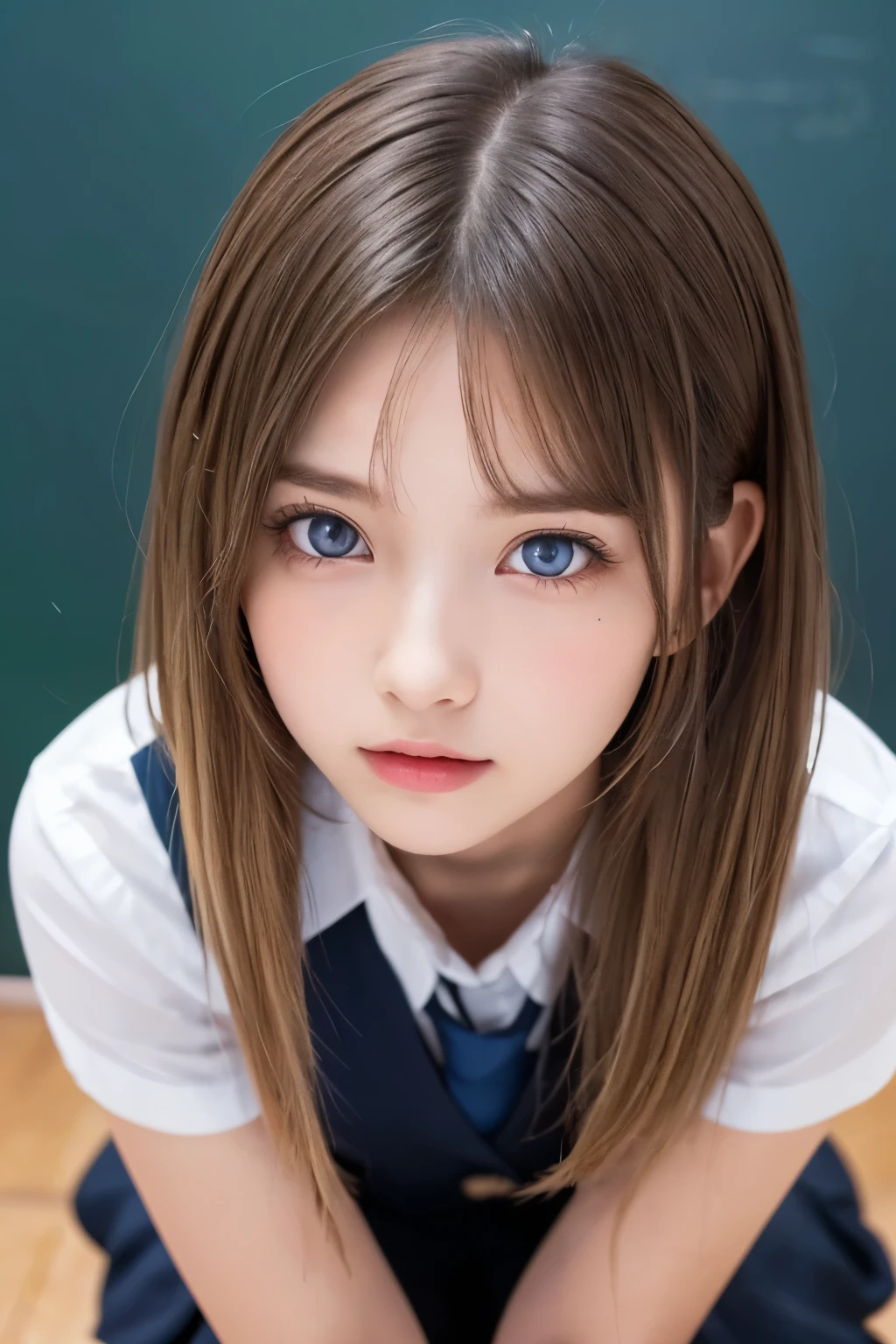 1girl, (a beauty girl, delicate girl, beautiful girl, innocent girl, childlike, childish:1.3), (****:1.3),
break, (suit, white shirt, skirt:1.2),
break, (sit, classroom, blackboard background:1.2),
break, very fine eyes, (symmetrical eyes:1.3),
break, (flat breasts:0.5), (round face, baby face), (blue eyes:1.2), parted bangs, (blonde hair:1.2),
break, (eyes and faces with detailed:1.0),
break, (masterpiece, best quality, ultra detailed, detailed face, 8k)