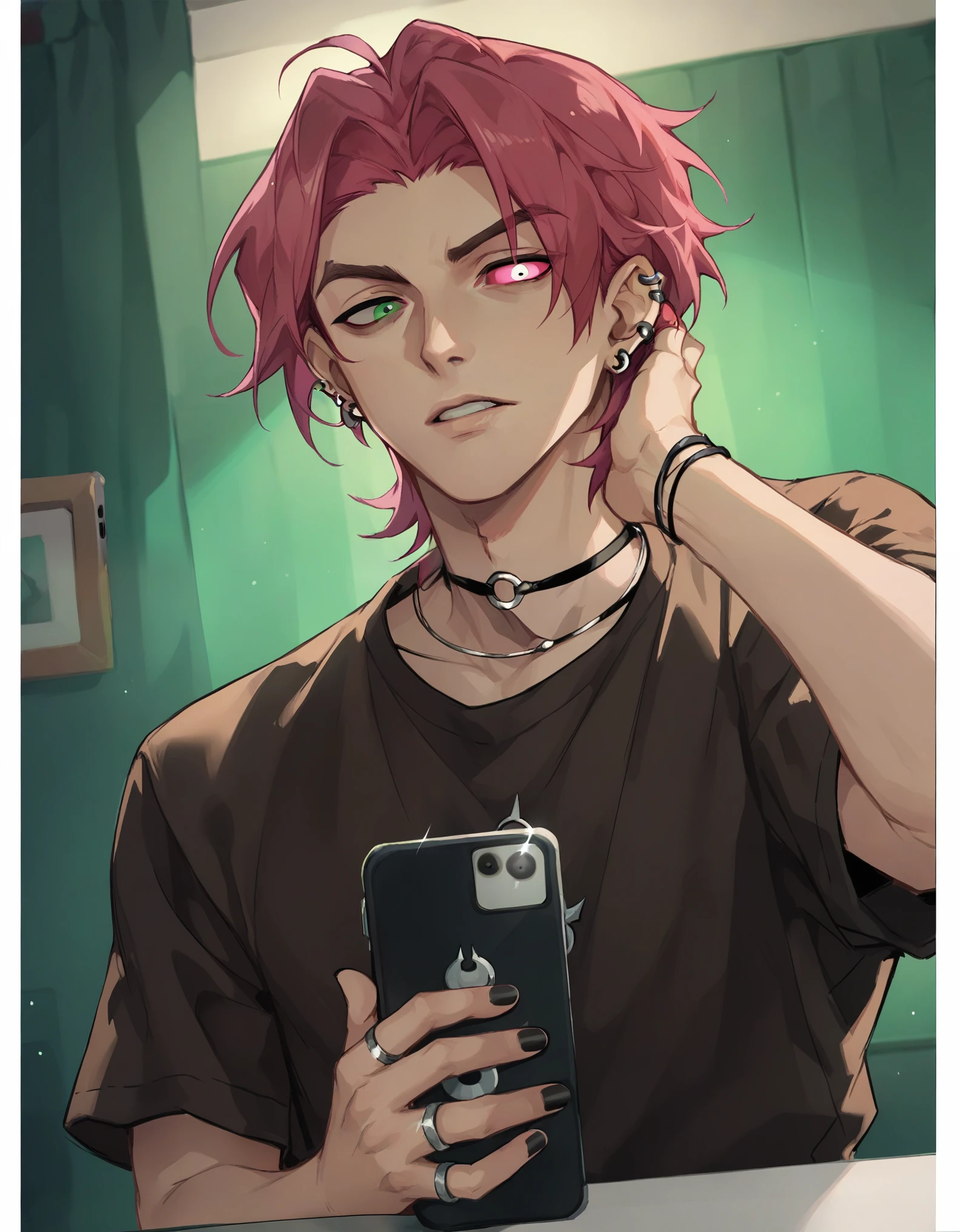 score_9, score_8_up, score_7_up, hs kayn, solo, looking at viewer, short hair, shirt, 1boy, holding, jewelry, green eyes, jacket, upper body, pink hair, short sleeves, male focus, red hair, earrings, parted lips, open clothes, teeth, pink eyes, black shirt, heterochromia, phone, piercing, ring, cellphone, ear piercing, black nails, holding phone, green background, hand in own hair, brown shirt
zPDXL, indoors, night