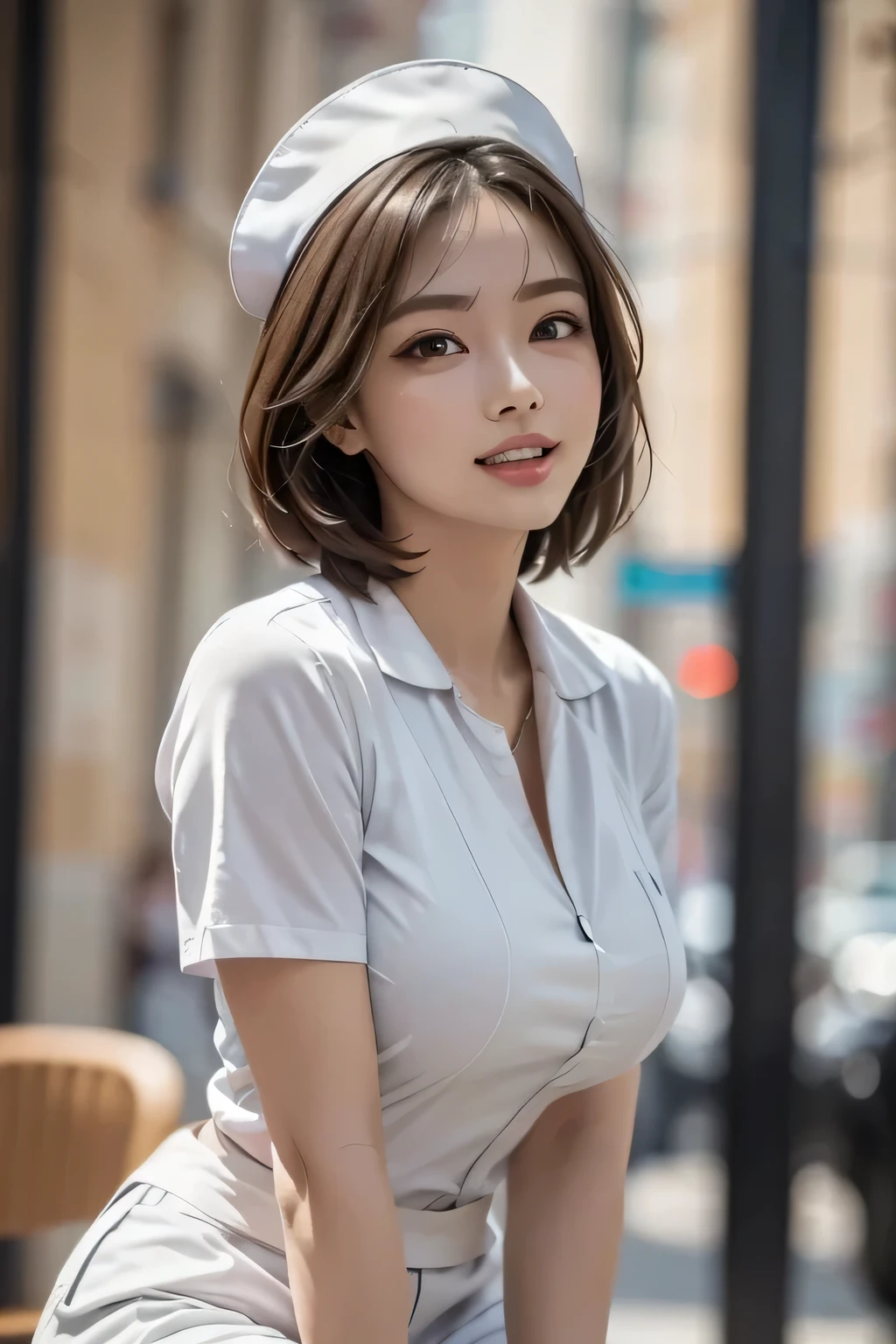 (1 Girl)、(Beautiful Japanese、18years old,round face、Refreshing、clear、seems kind、stylish、Pitiful、cute like an angel、cute、black eyes、,actress,Almond-shaped eyes,Translucent white skin、Beautiful skin), (((Good style))) , (((Beautiful big breasts:1.2))),(((soft breasts))),(very cute),(Black hair),(short bob hair),(enchanting eyes),(highlight on eyes:1.2)、(8K、Live shooting、highest quality、masterpiece:1.2、optimal lighting)、((masterpiece)),(Photo taken by a professional photographer),(real、photo real:1.4),break,{ (White nurse costume),(((taraditional nurse uniform)))},(tears:1.0))(cheeks are red:1.4), break, break,Old abandoned hospital,Face shot:1.3、looking at viewer, face close-up,Looking up、(Cleavage:1.6)、Smile,Weak face,From below,(((dynamic angle)))