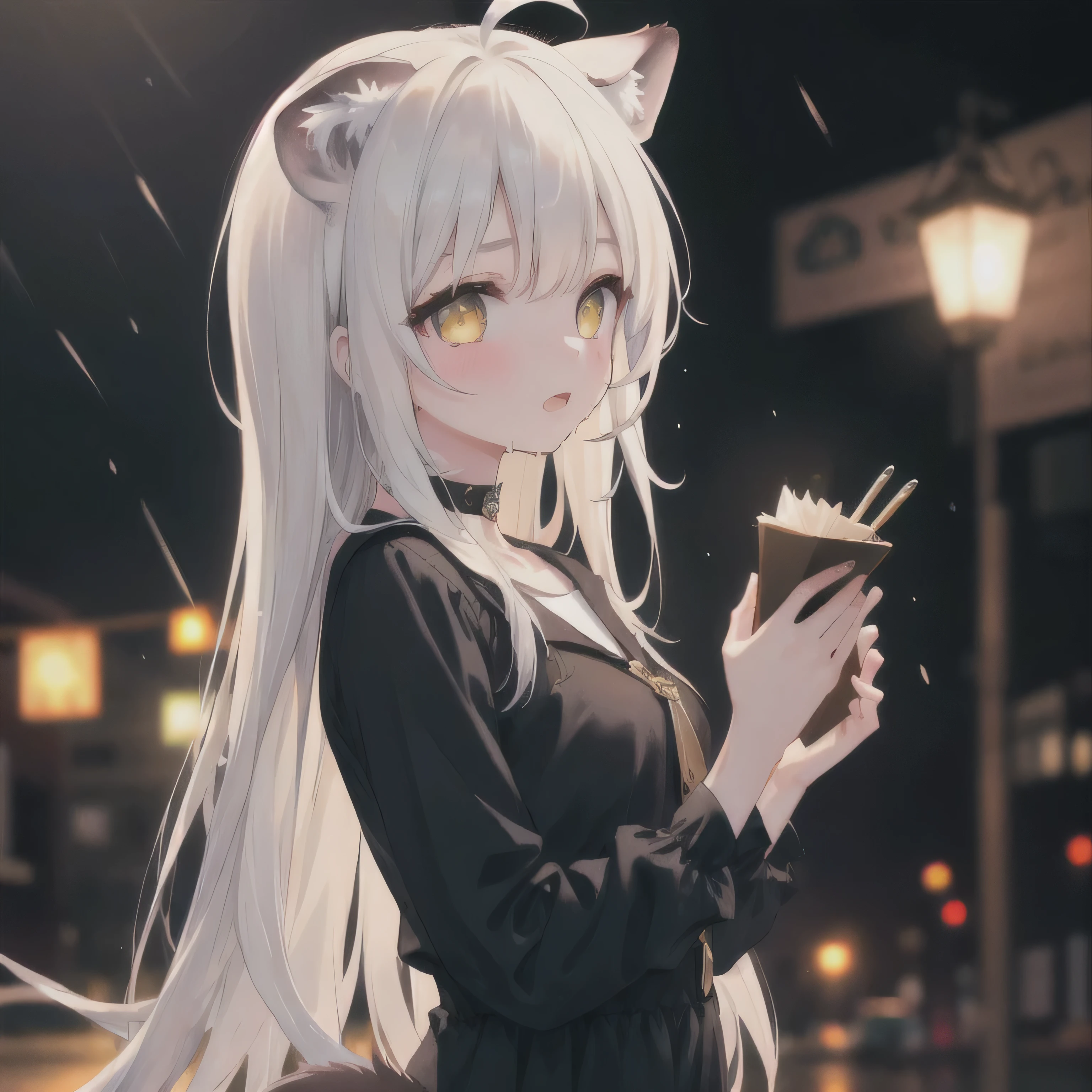 (masterpiece:1.21), (Best Quality:1.331), ((Super detailed)), ((Best illustrations)), ((wonderful)), (super high quality), Gorgeous and lush graphics,
(Very delicate and beautiful:1.21), 8k, wallpaper, (Very beautiful lighting), Hard Light, Delicate composition, (Perfect composition), (Very beautiful and detailed backgrounds:1.21), Rembrandt-style chiaroscuro, Dark Tone, (A subtle and varied color scale), ((Depth of written boundary)), Deep Shadow,
Dynamic Angle, from side, Upper Body, Radial blur,
rain, (City lights, Blurred Background),
(One girl),(The narrow eyes of despair), Angry yellow eyes, Two long white buns of long beautiful hair,Beautiful wolf ears,Ordinary yellow crown,
fatigue,Glasses{{{masterpiece}}}, {{{Best Quality}}}, {{Super detailed}}, {beautiful, Detailed eyes}, One girl, alone, ((Gray Hair)), Very long hair, Blue murderous eyes, (Long hair with two buns), (bangs), (Ahoge),Knife in right hand,Handgun in left hand,
Animal ears, (Cat ears:1.2), Choker, Ahoge,, (The white tail of a large weasel:1.2), (Yellow ordinary crown), (Cool Suits), Shocked, Midea,eyes: Wet suit, wet skin, dripping wet hair,
Lens Flare, String Lights, street,, masterpiece, Best Quality,