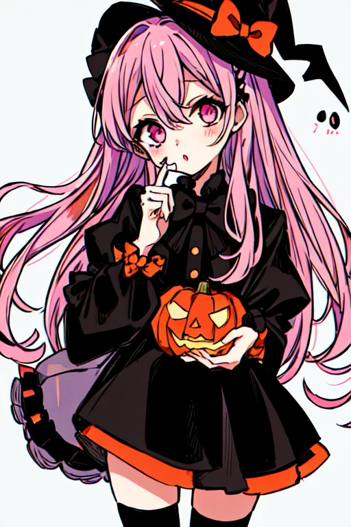 1 girl, hat, long sleeves above the wrist, ghost, witch hat, dress, pink hair, long hair, single, white background, bow, thigh-highs, black dress, Halloween bucket, stars (symbol) Very long hair, food, long sleeves, sleeves that extend past the finger, candy, blushing face, black headdress, black thigh-highs, split lips, Halloween, looking at viewers, hair bow, simple background, black bow :o Head tilt, pink eyes, orange bow, puffy arms, candy wrapper, hair between eyes, jack-o-lantern, hat bow, held up on both sides, puffy arms, cowboy shot