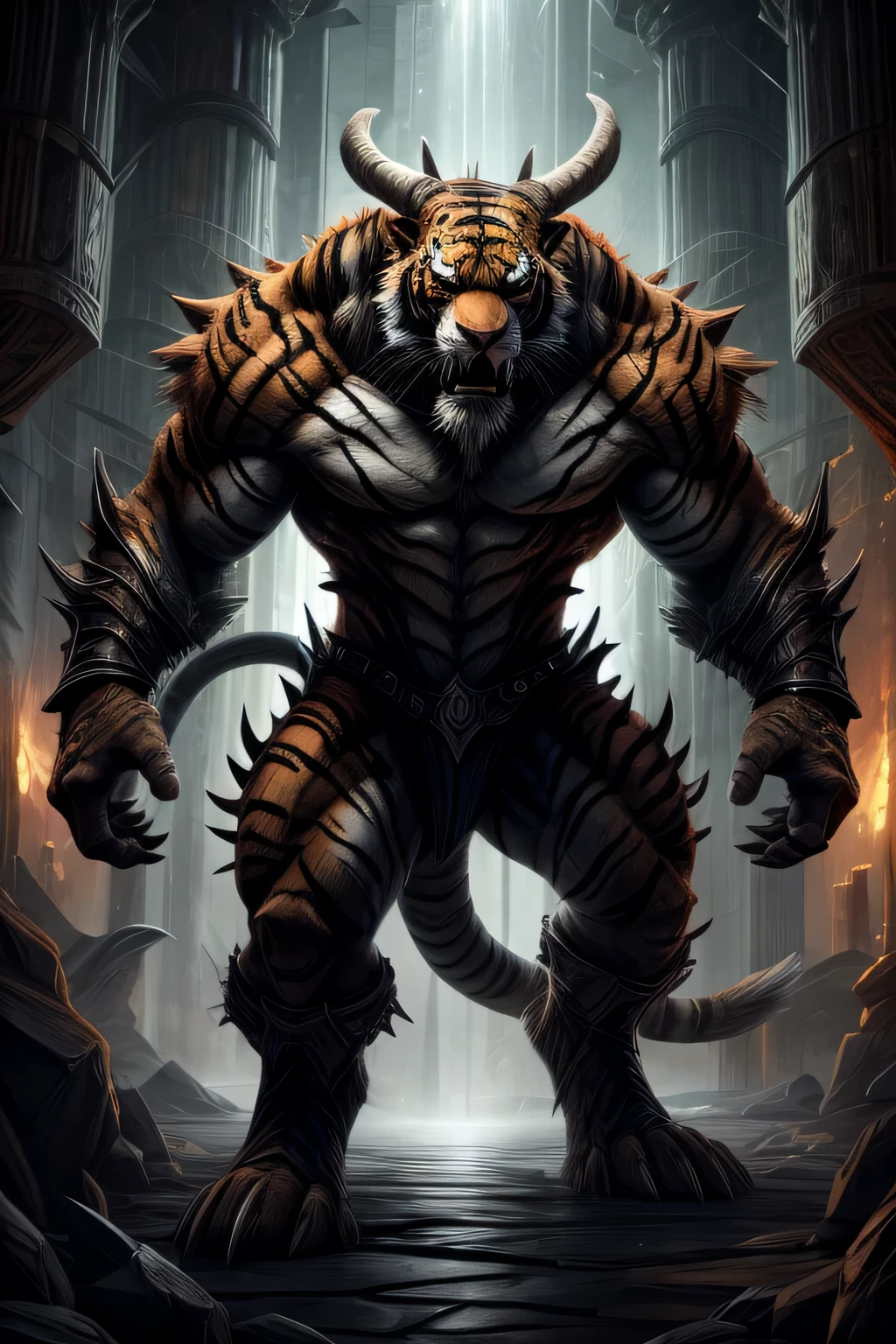 create a hybrid version where the characteristics of [Tiger] and [Celephant] combine into a single, continuous entity, with a monstrous and dangerous appearance and an intense background in its expression.