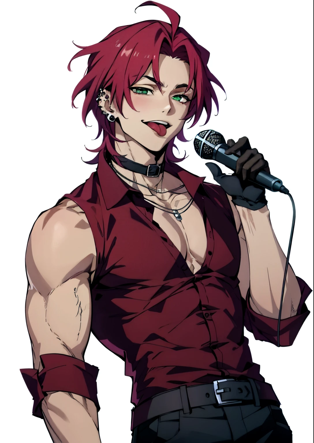 hskayn, solo, looking at viewer, smile,shirt, red eyes, gloves, 1boy, holding, jewelry, green eyes, male focus, red hair, earrings, teeth, sleeveless, choker, tongue, black gloves, pants, tongue out, necklace, parted bangs, muscular, heterochromia, black choker, black pants, piercing, pectorals, muscular male, red shirt, ear piercing, microphone, o-ring, holding microphone, pectoral cleavage, 
 