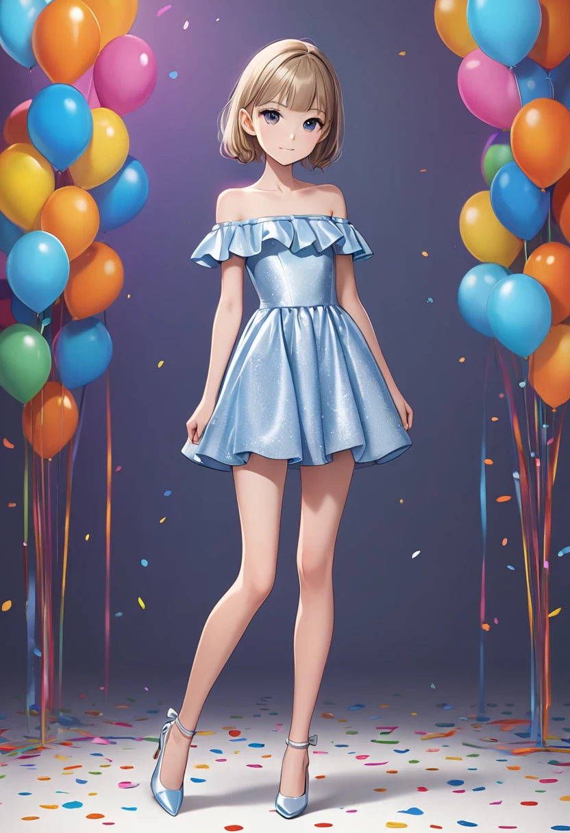 Create a full-body portrait in a digital art style techniques. The subject is a young woman with short hair, showcasing a vividly detailed, heavily freckled face and body. She has a , athletic build with small breasts and a toned, lithe physique. Dress her in rocker chic clothing. The artwork should be in 16k resolution, 64 megapixels, with a detailed background and whimsical lighting. Ensure her expression is a smile, and she is gazing directly into the camera. Use soft textures, luminescence, and a vibrant background. Apply the rule of thirds for composition and include extreme detail and high resolution. Incorporate subtle bokeh effects (bokeh:2) and backlight for added depth.
