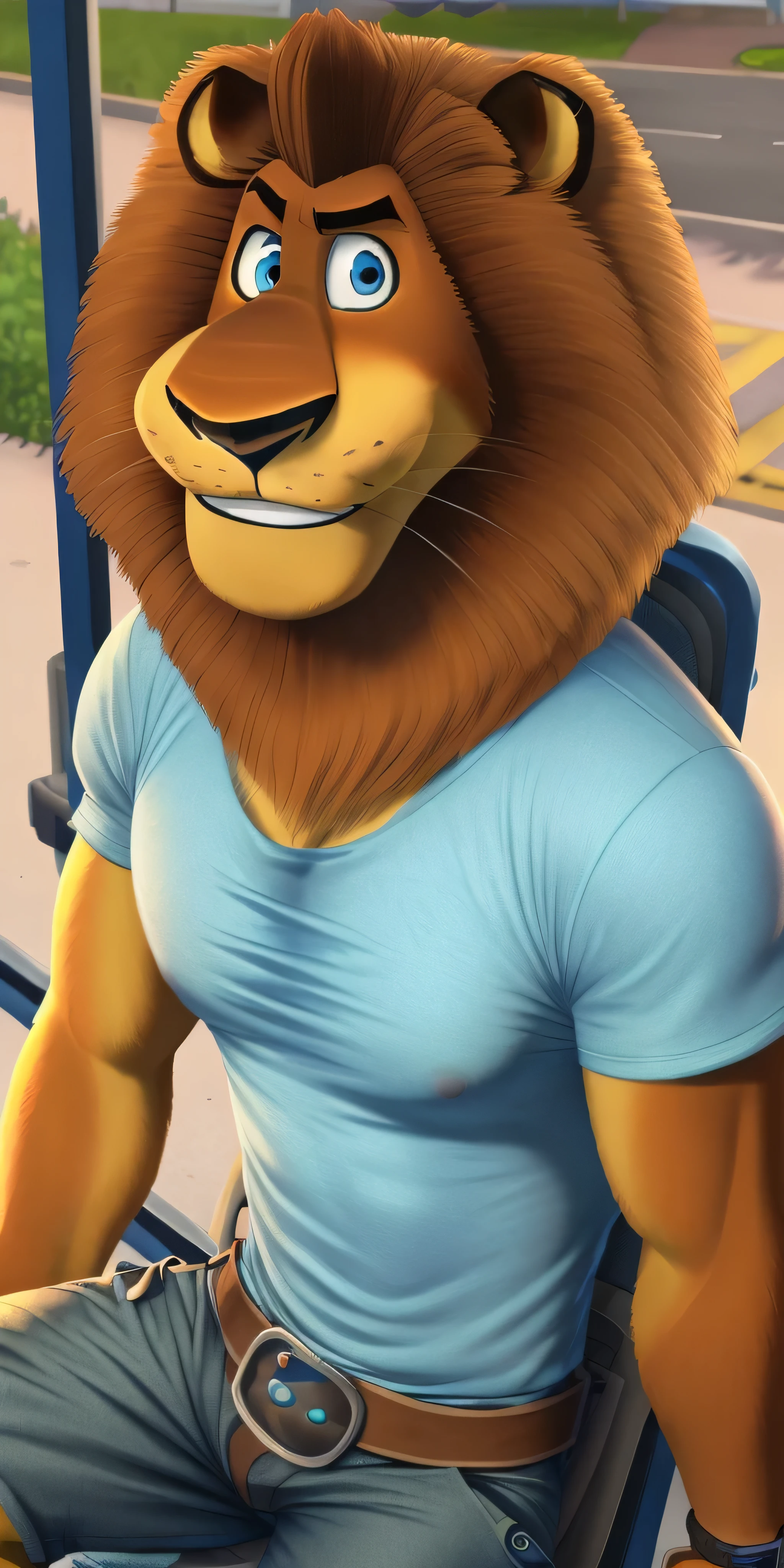 AlexLion, solo, cartoony proportions, correct anatomy, muscular body, biceps anatomy correct, big biceps, extremely beautiful and cute face, perfect face, ultra quality face, 8k eyes, perfect eyes, ultra quality eyes, perfectly detailed blue eyes, white iris with perfectly detailed pupils, ultra quality fur, soft and delicate fur, (wearing turquoise t-shirt with short sleeves), (((blue camouflage))), (((blue camouflage cargo shorts with brown belt))), Skechers Casual Sandals, sitting, bus stop background, fancy watch on his right wrist, hands in pockets, gently looking at the viewer, grin, cute smiling, radiant, cute, handsome, beautiful, absolutely beautiful, pure perfection, the most handsome man ever, kind, sweety, extremely charismatic, majestic, friendly, simply irresistible, well-mannered, polite, cultural, attractive, charming, super good looking, hot, sexy, mature, adult, pacifist, calm, close-up of the face, face focus, ultra detalization, perfect detalization, perfectly detailed, ultra HD quality, highest resolution, 4k, 8k.