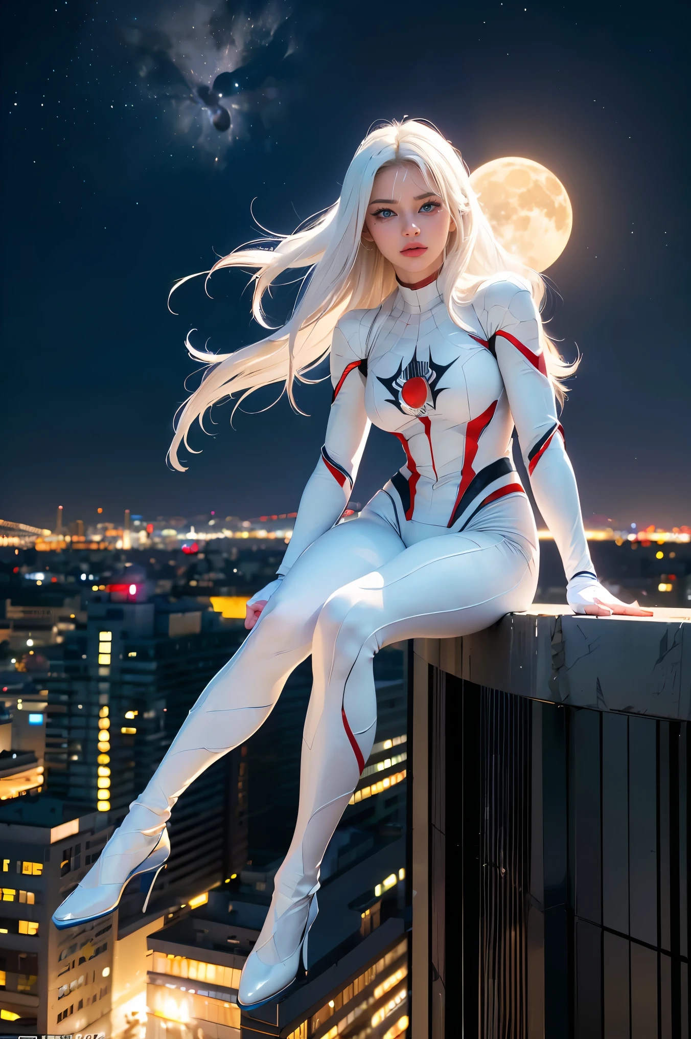 (Masterpiece, 4K resolution, ultra-realistic, highly detailed), (White costume superhero theme, charismatic, girl on top of the city, wearing white Spider-Man costume, superheroine), [((23 years old), (long white hair:1.2), full-body, (blue eyes:1.2), (Spider-Man dynamic poses) ((gritty urban environment):0.8)| (urban landscape, nighttime, dynamic lights), (full moon))]