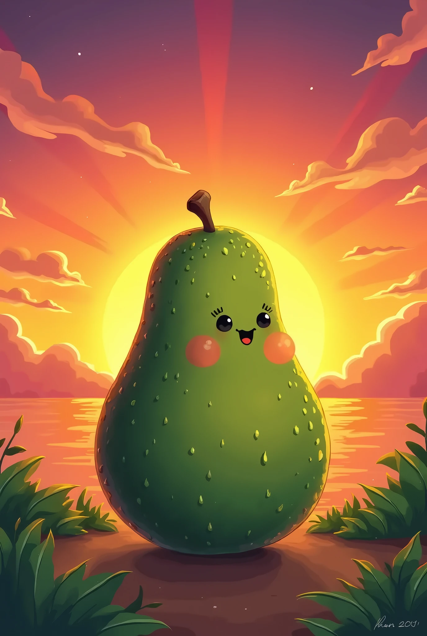 Create a picture of an avocado with a sunset in cartoon style
