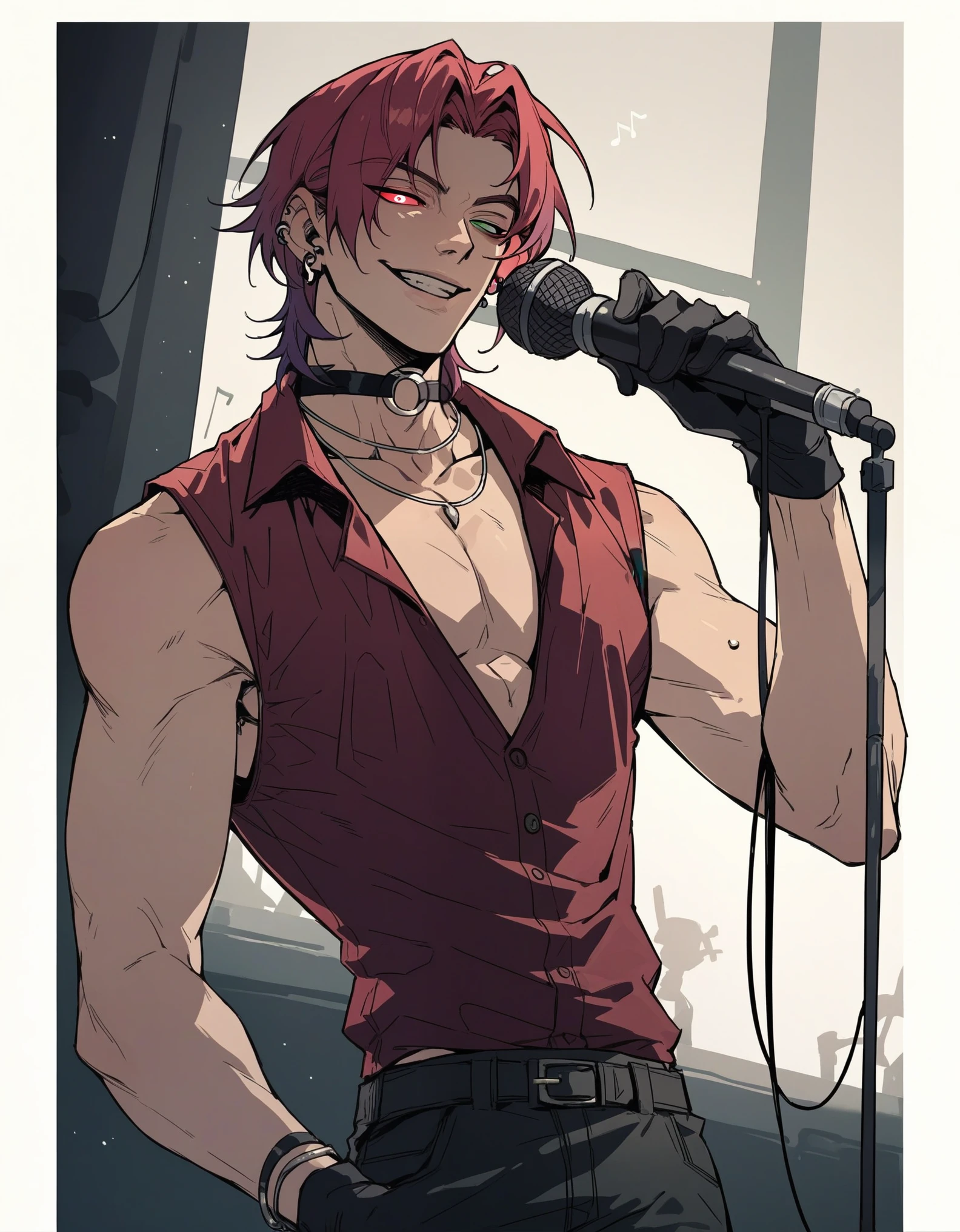 score_9, score_8_up, score_7_up, hs kayn, solo, looking at viewer, smile, shirt, red eyes, gloves, 1boy, holding, jewelry, green eyes, male focus, red hair, earrings, sleeveless, choker, black gloves, pants, necklace, parted bangs, heterochromia, black choker, black pants, piercing, pectorals, red shirt, ear piercing, microphone, o-ring, holding microphone, pectoral cleavage, 
zPDXL, singing