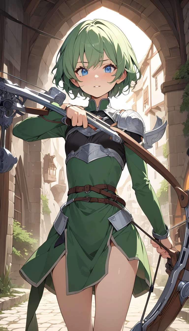 (girl with、独奏、a junior high school student、blondehair、short-hair、Shaggy、hair adornments、Dark green eyes、small tits、cute face)、masterpiece、best qualtiy、ultra-detailliert、Fantasia、armor、Light Sword